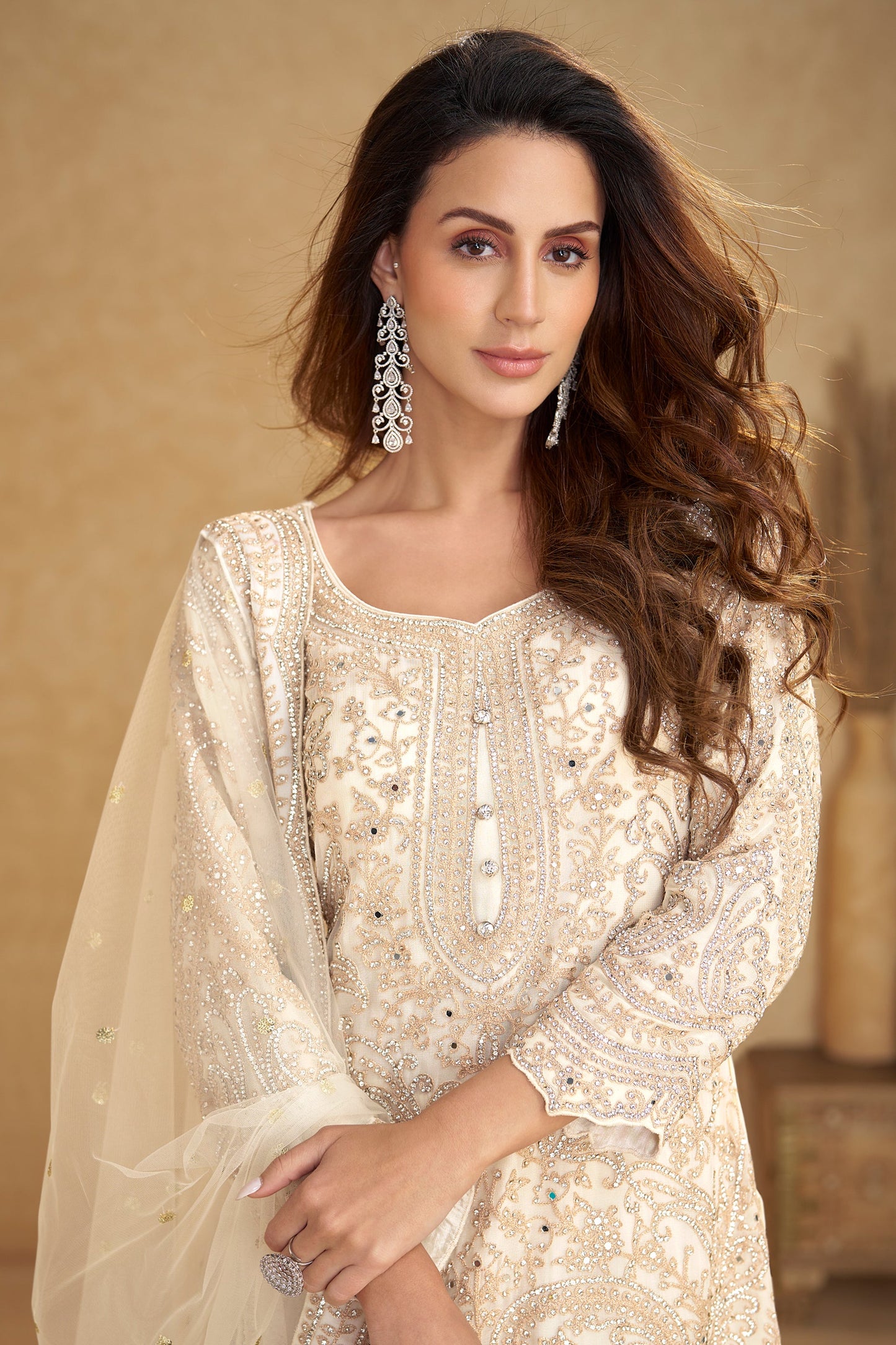 Cream Readymade Embroidered Net Suit-SAR11491_2_SareeButa.com