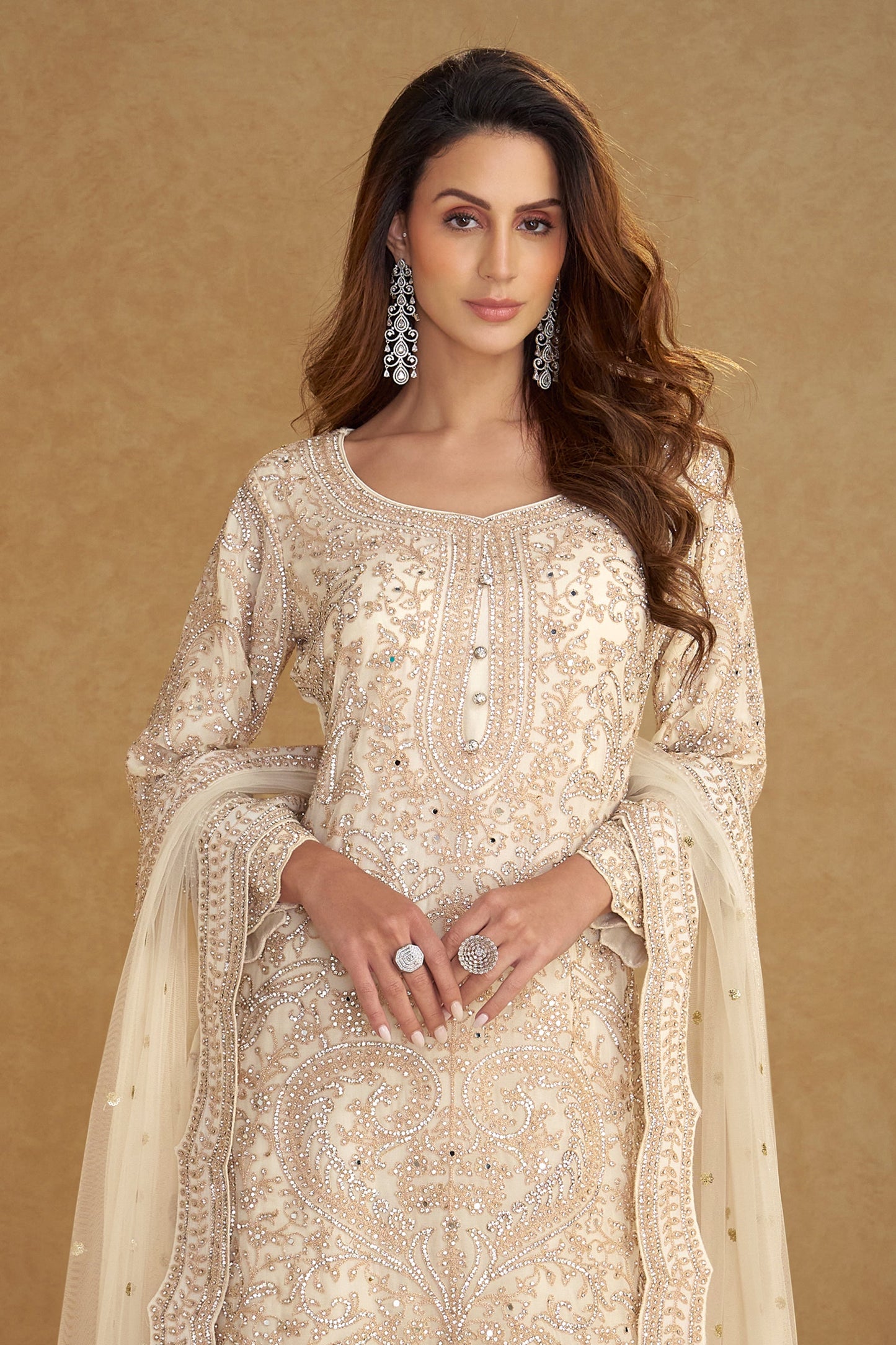 Cream Readymade Embroidered Net Suit-SAR11491_3_SareeButa.com