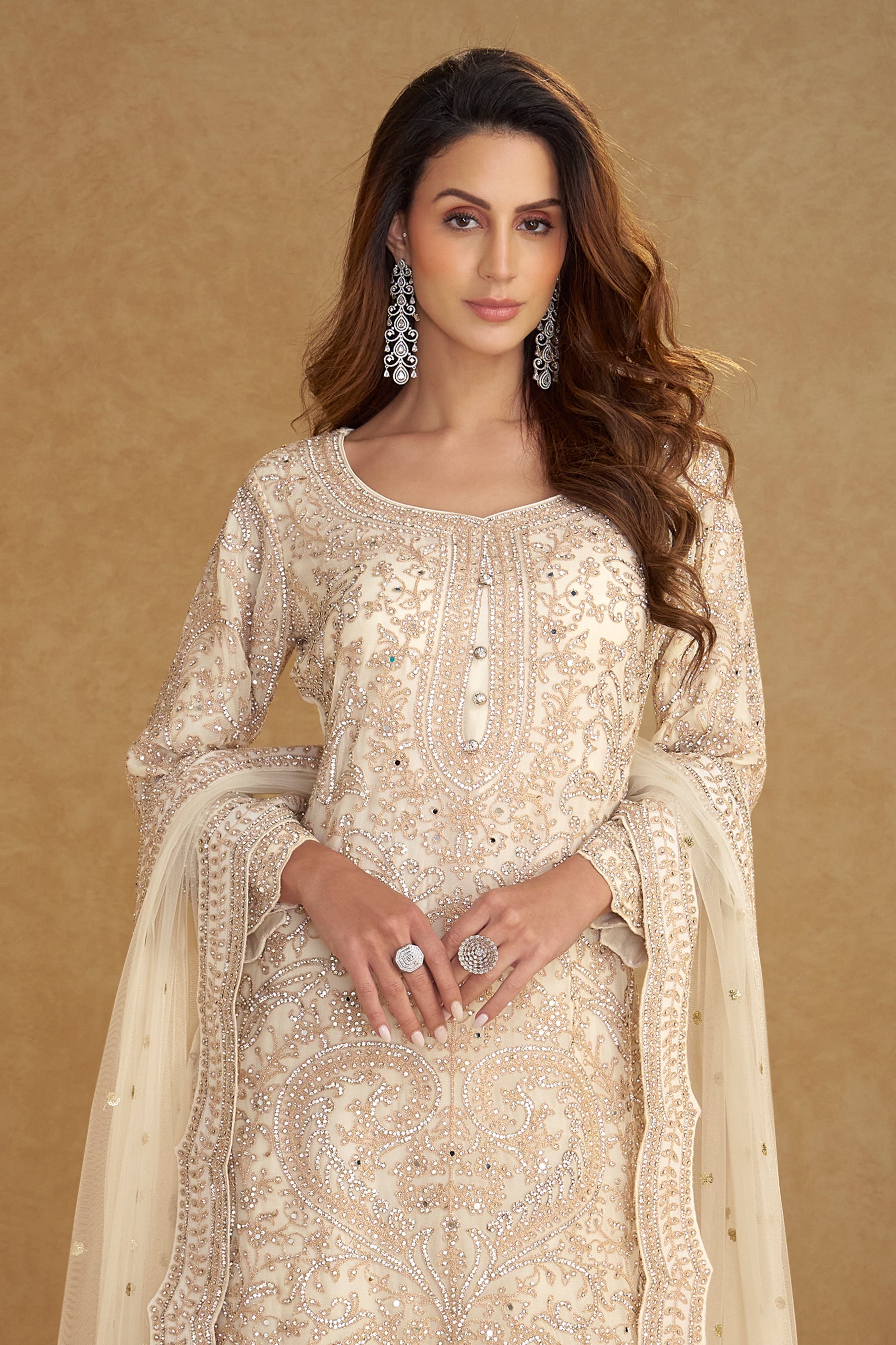 Cream Readymade Embroidered Net Suit-SAR11491_3_SareeButa.com
