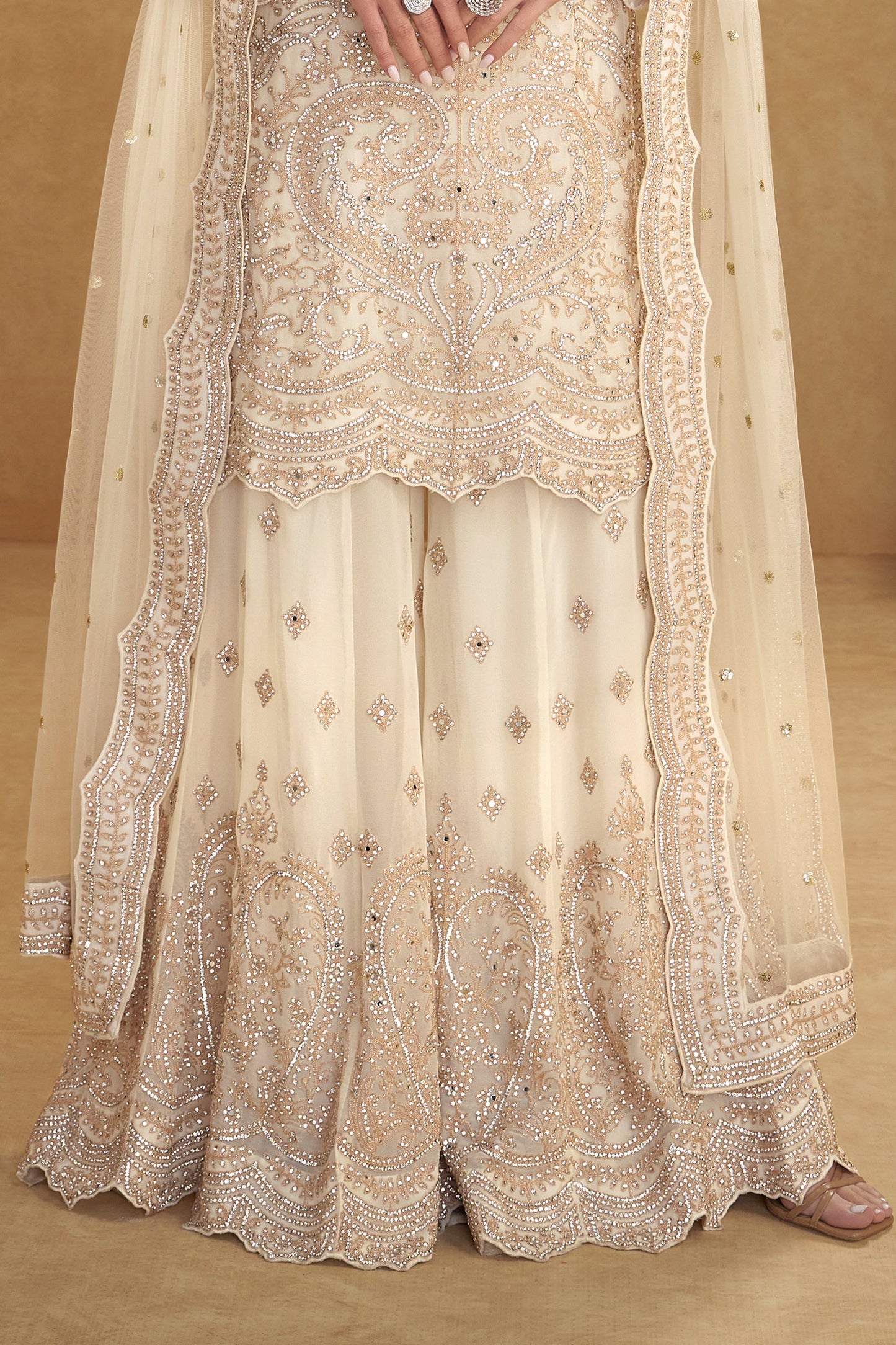 Cream Readymade Embroidered Net Suit-SAR11491_4_SareeButa.com