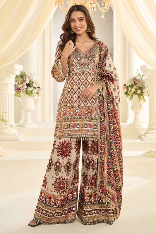 Cream Readymade Embroidered Satin Silk Suit-SAR12114_1_SareeButa.com