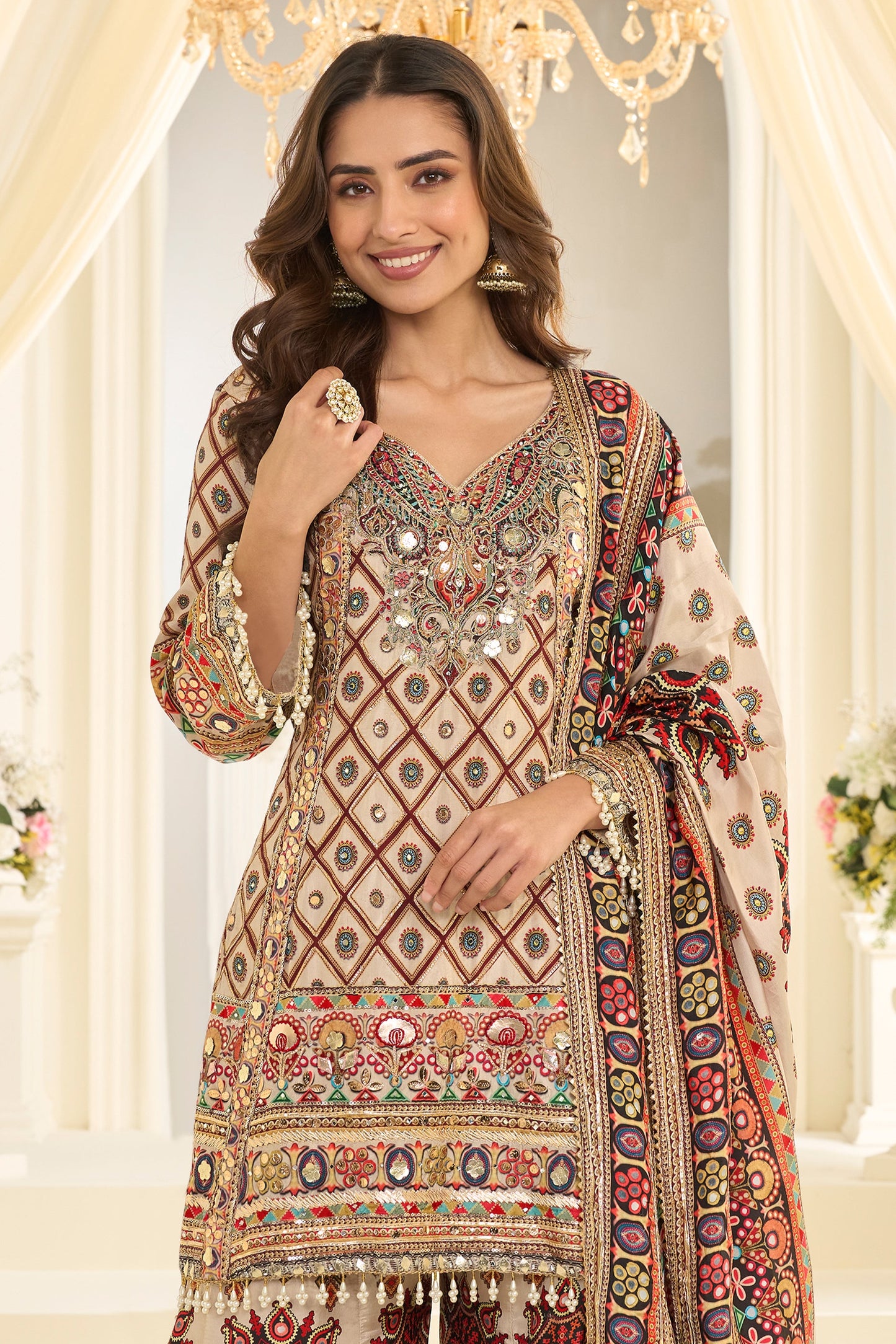 Cream Readymade Embroidered Satin Silk Suit-SAR12114_4_SareeButa.com