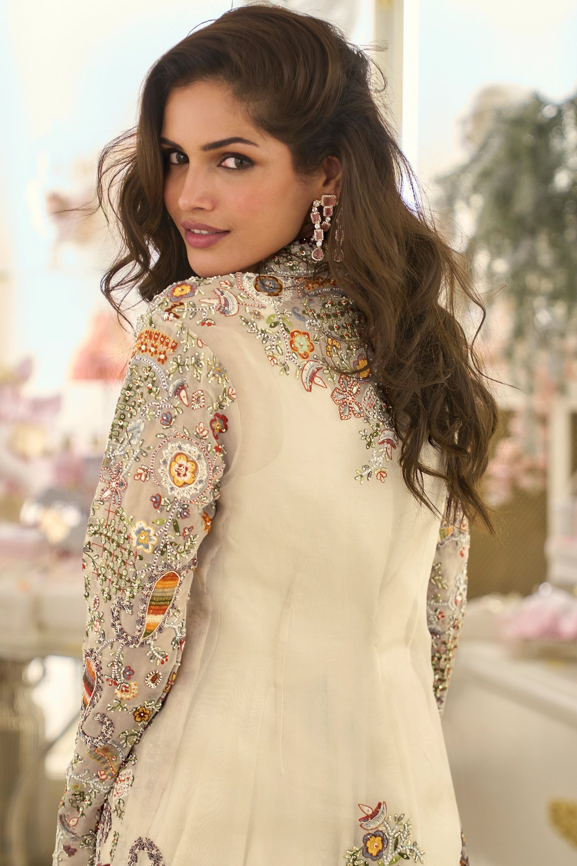 Cream Readymade Embroidered Silk Gown With Jacket-SAR11069_4_SareeButa.com