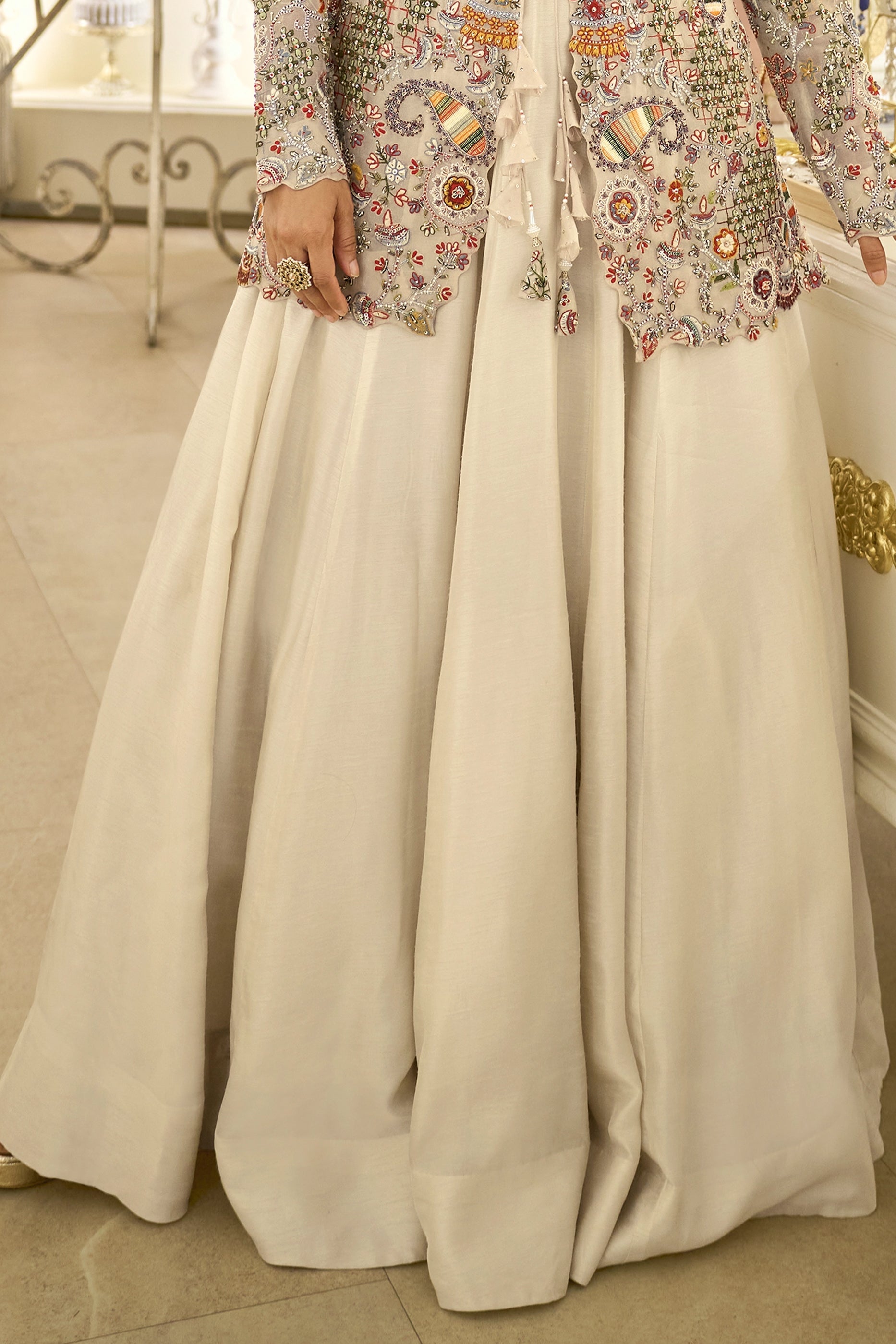 Cream Readymade Embroidered Silk Gown With Jacket-SAR11069_5_SareeButa.com