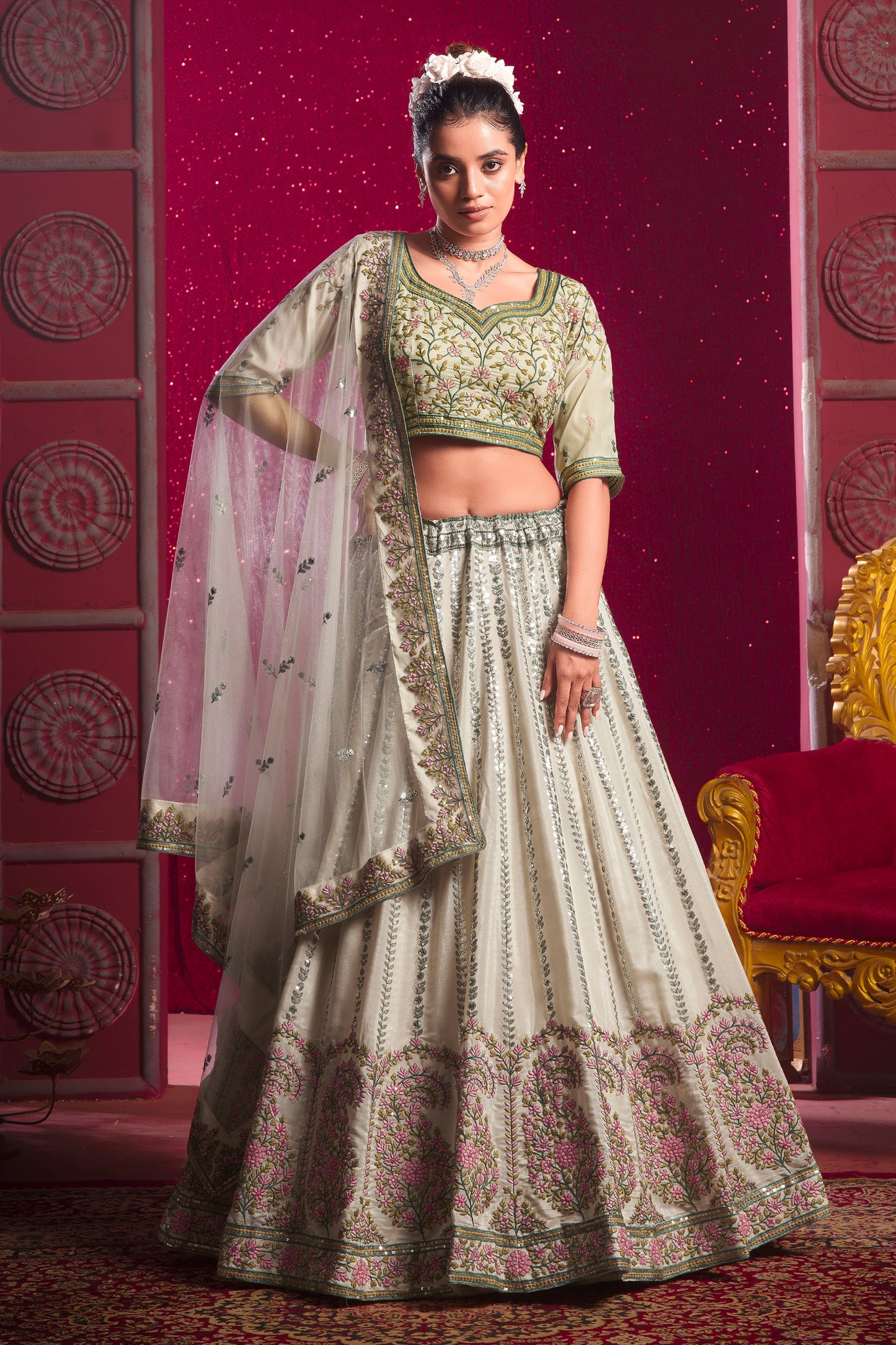 Cream Readymade Embroidered Silk Lehenga-SAR10712_1_SareeButa.com