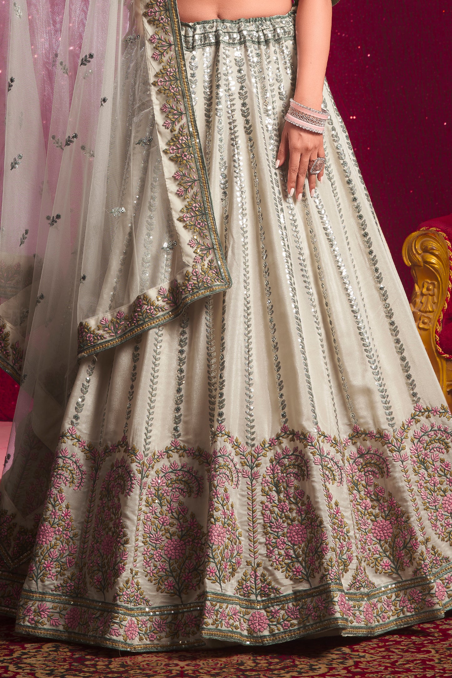 Cream Readymade Embroidered Silk Lehenga