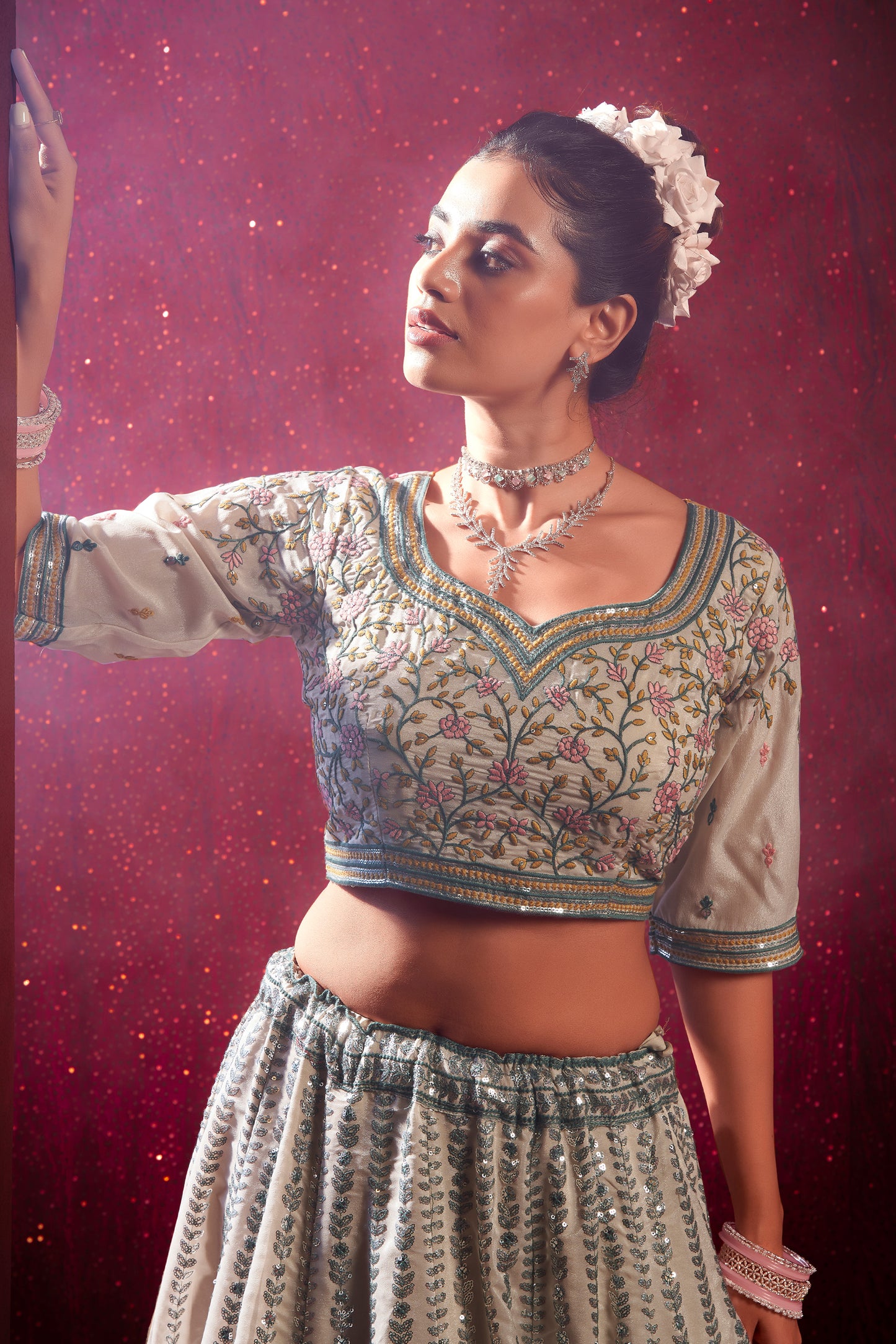 Cream Readymade Embroidered Silk Lehenga