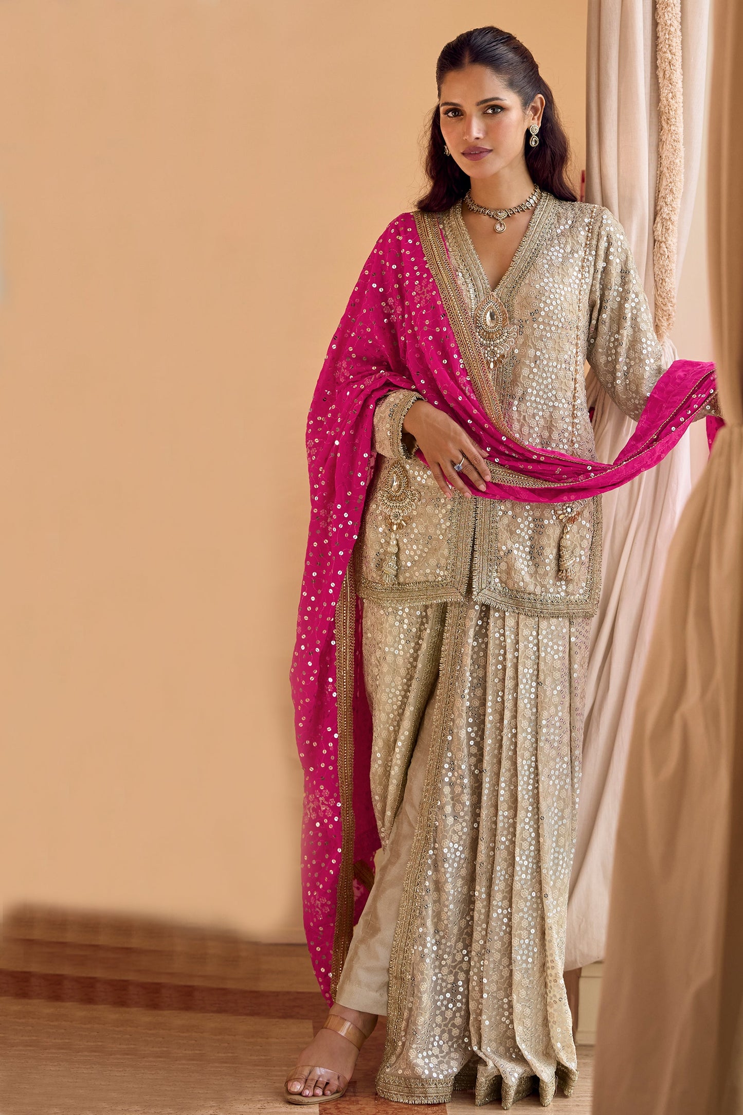 Cream Readymade Georgette Dhoti Pant Set-SAR11097_1_SareeButa.com