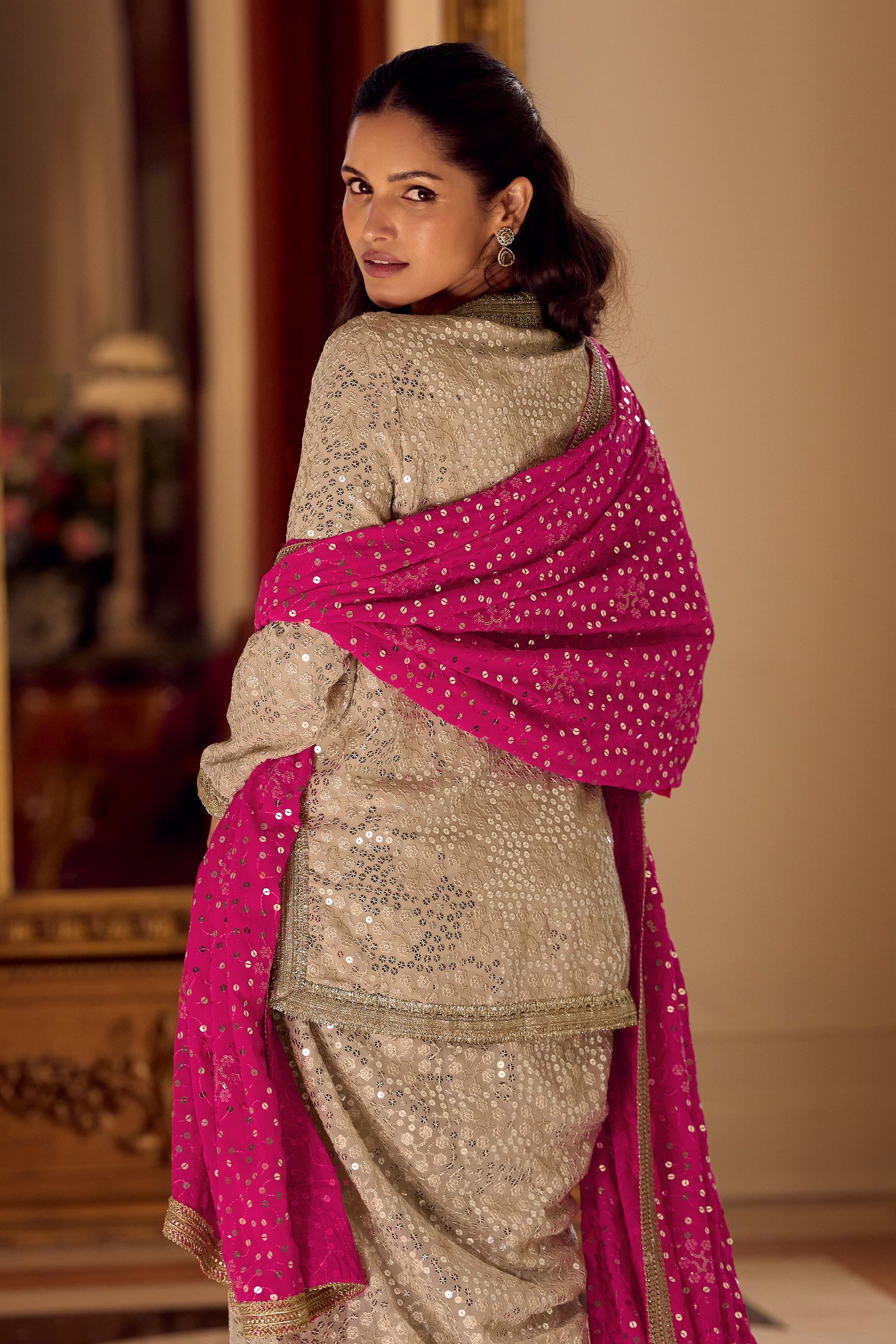 Cream Readymade Georgette Dhoti Pant Set-SAR11097_2_SareeButa.com