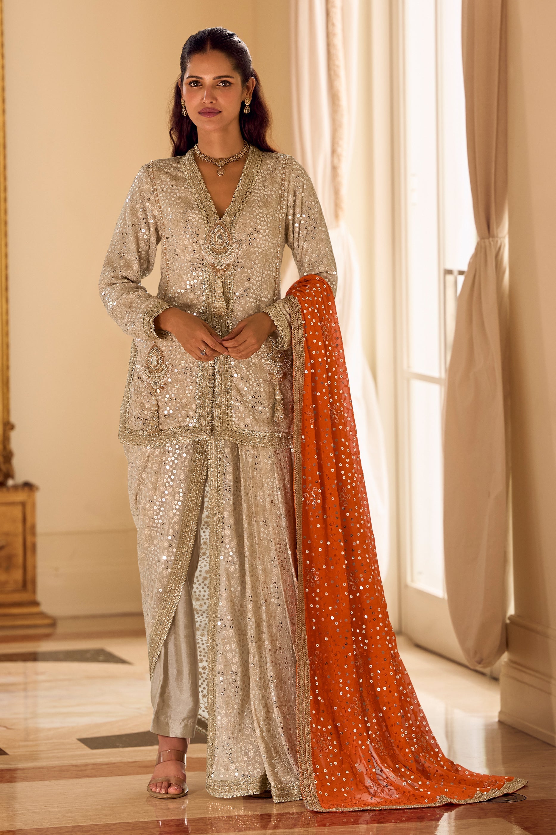 Cream Readymade Georgette Dhoti Pant Set-SAR11098_1_SareeButa.com