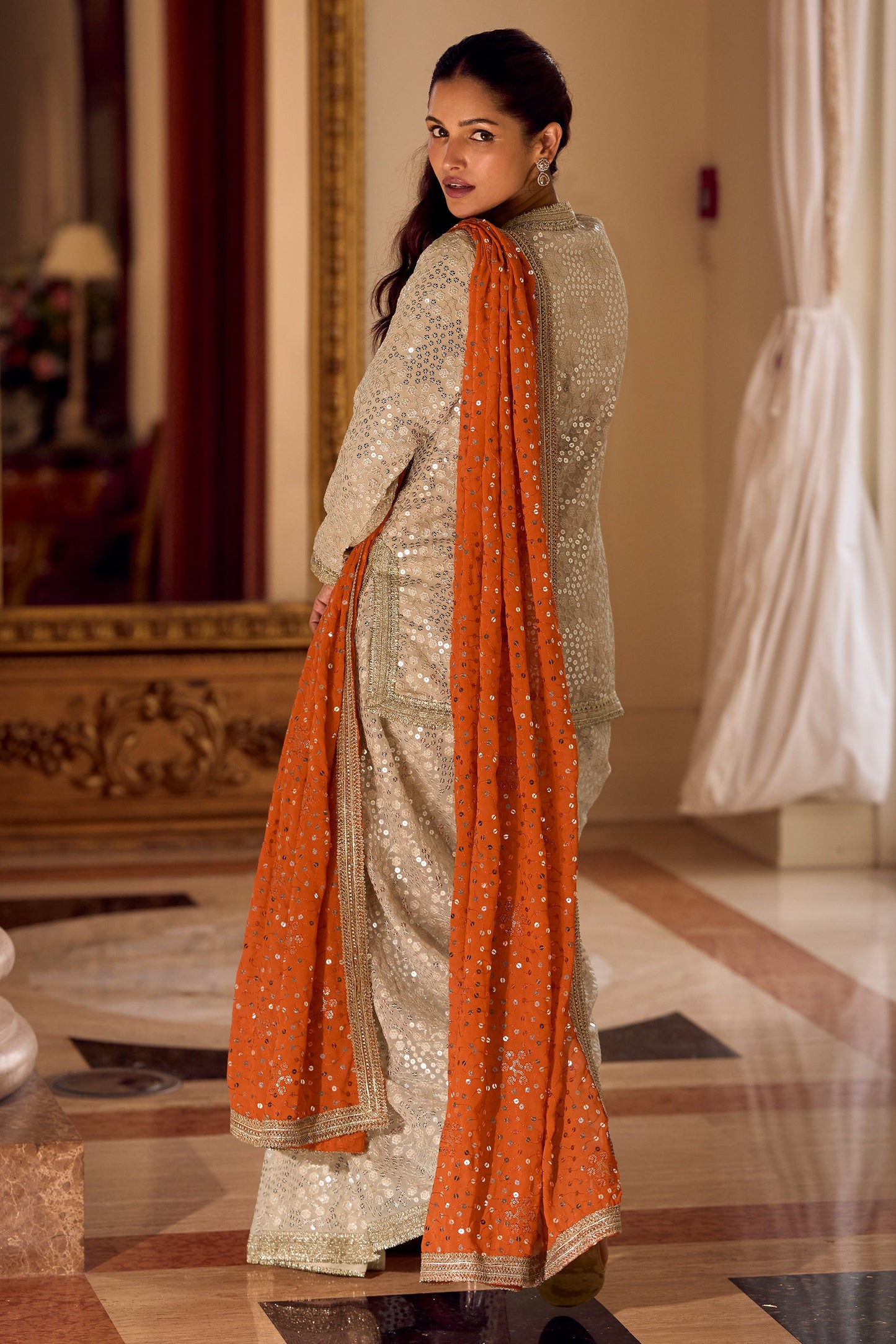 Cream Readymade Georgette Dhoti Pant Set-SAR11098_3_SareeButa.com