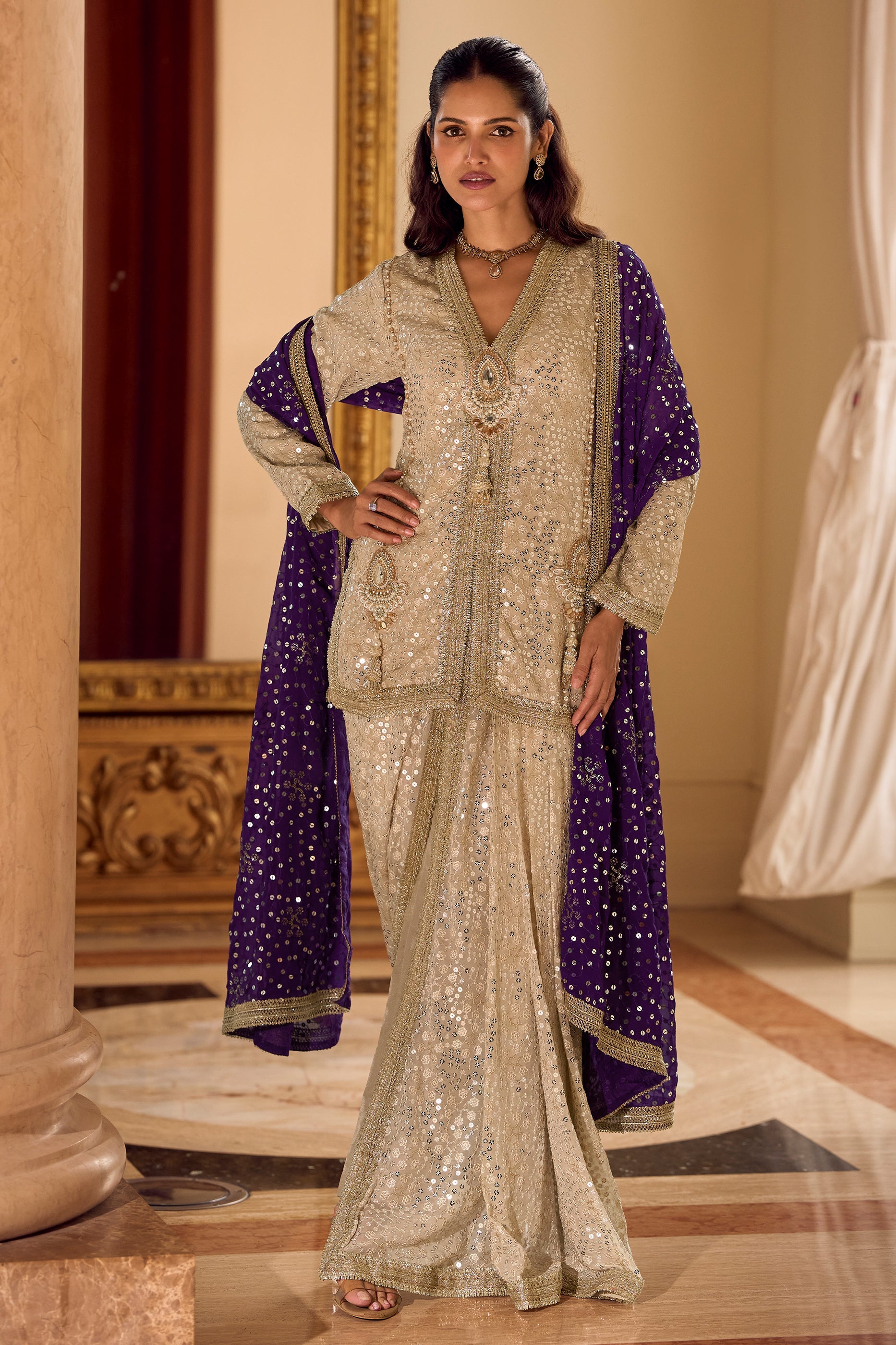 Cream Readymade Georgette Dhoti Pant Set-SAR11100_1_SareeButa.com