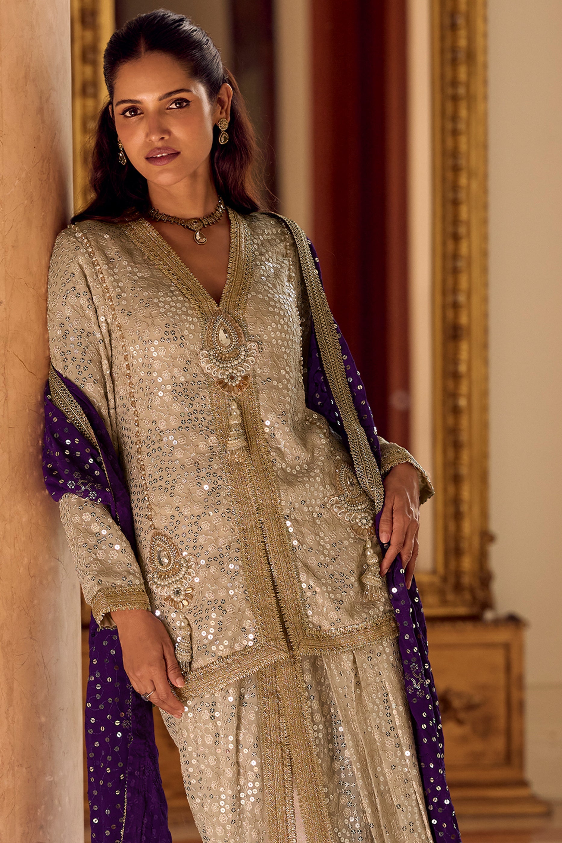 Cream Readymade Georgette Dhoti Pant Set-SAR11100_3_SareeButa.com