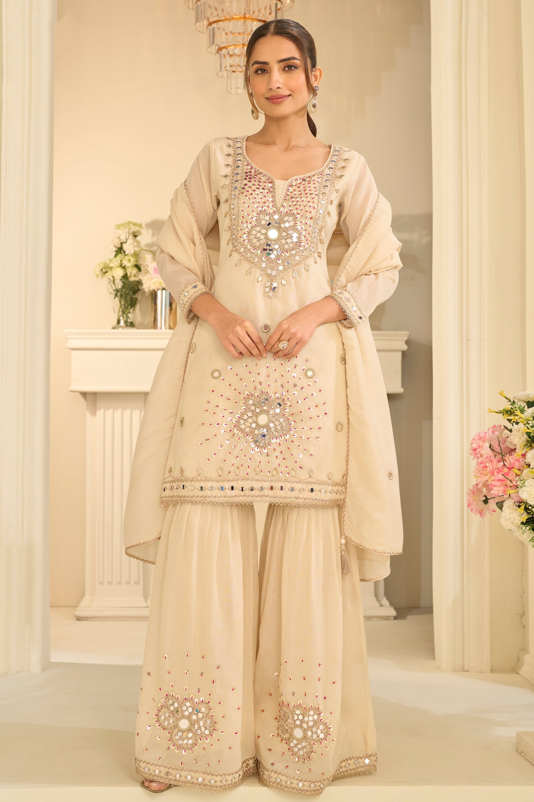 Cream Readymade Mirror Work Silk Sharara Suit-SAR12160_1_SareeButa.com