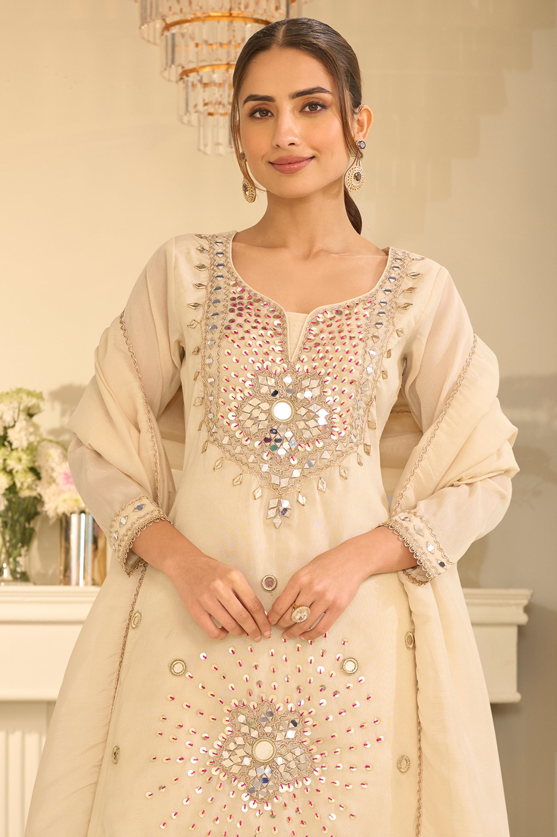 Cream Readymade Mirror Work Silk Sharara Suit-SAR12160_3_SareeButa.com