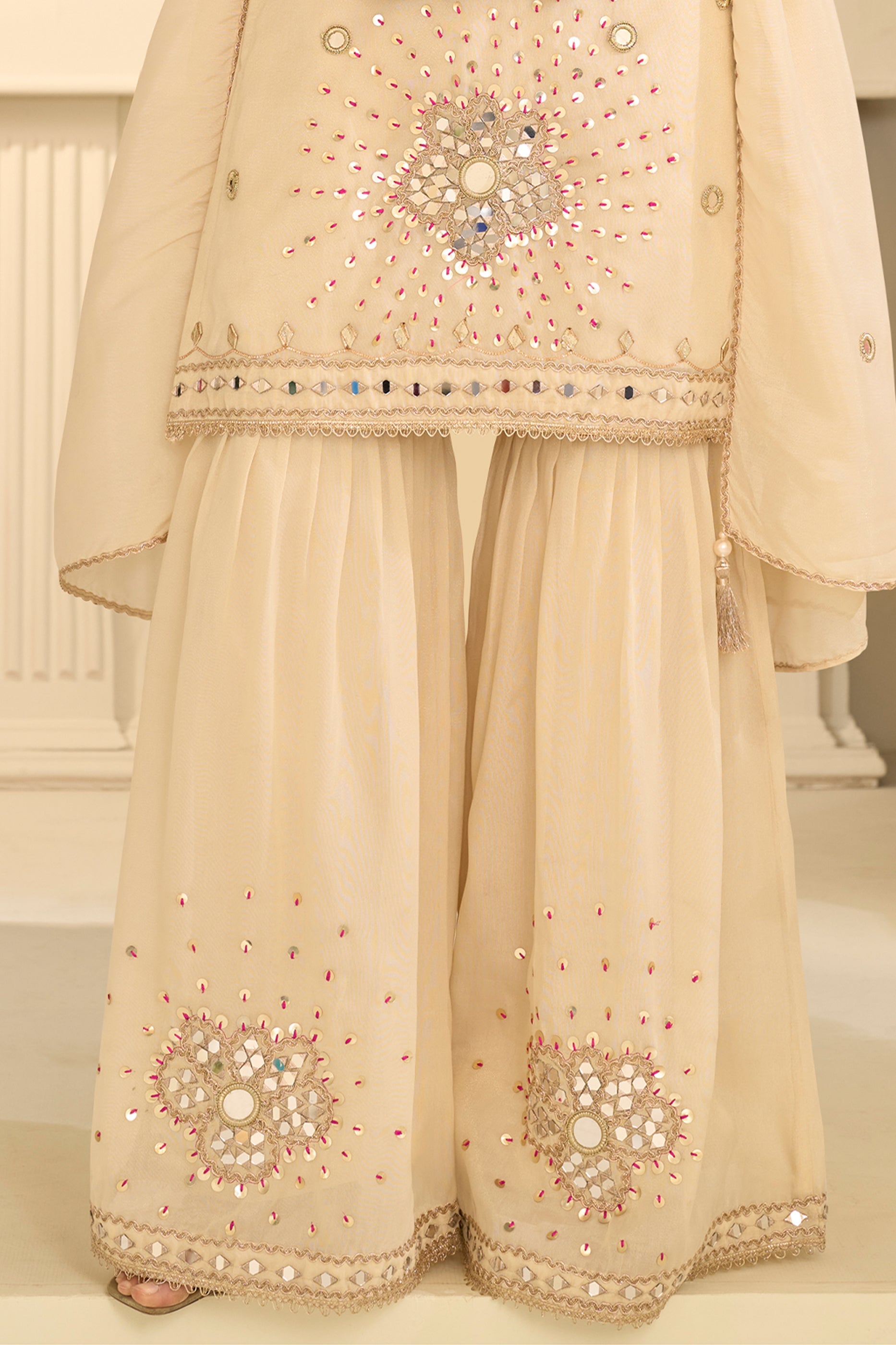 Cream Readymade Mirror Work Silk Sharara Suit-SAR12160_4_SareeButa.com