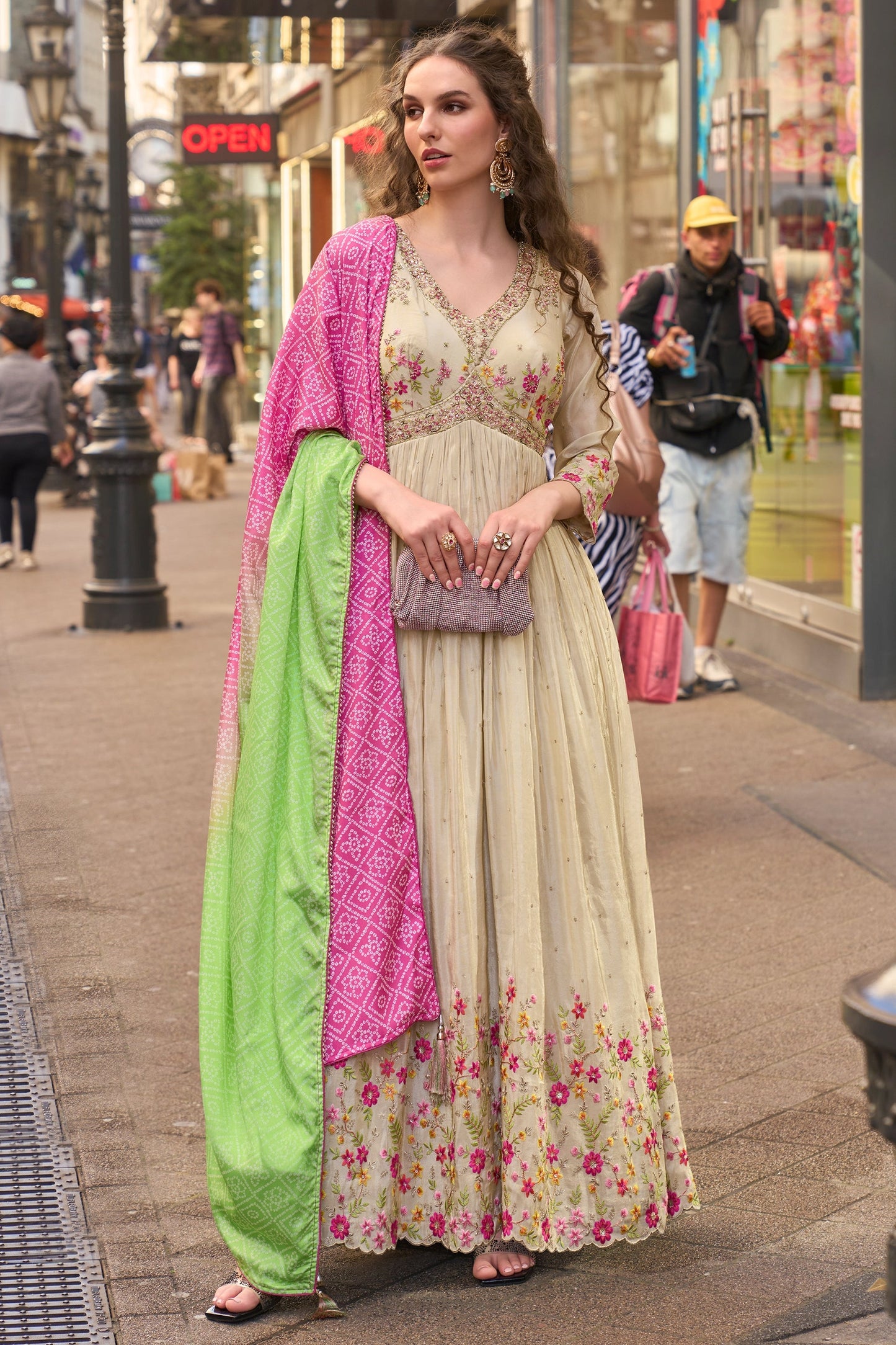 Cream Readymade Simar Silk Gown With Dupatta-SAR11049_1_SareeButa.com