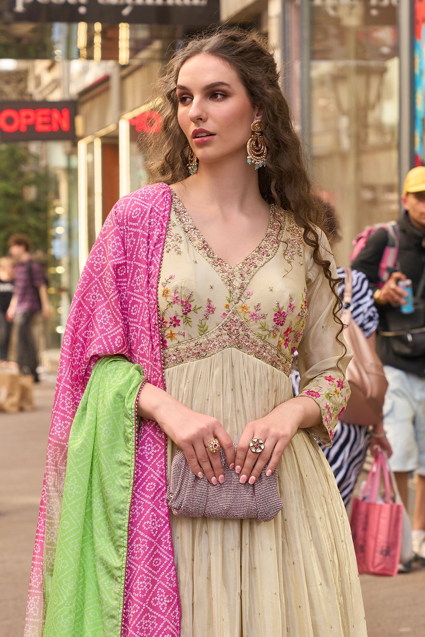 Cream Readymade Simar Silk Gown With Dupatta-SAR11049_3_SareeButa.com