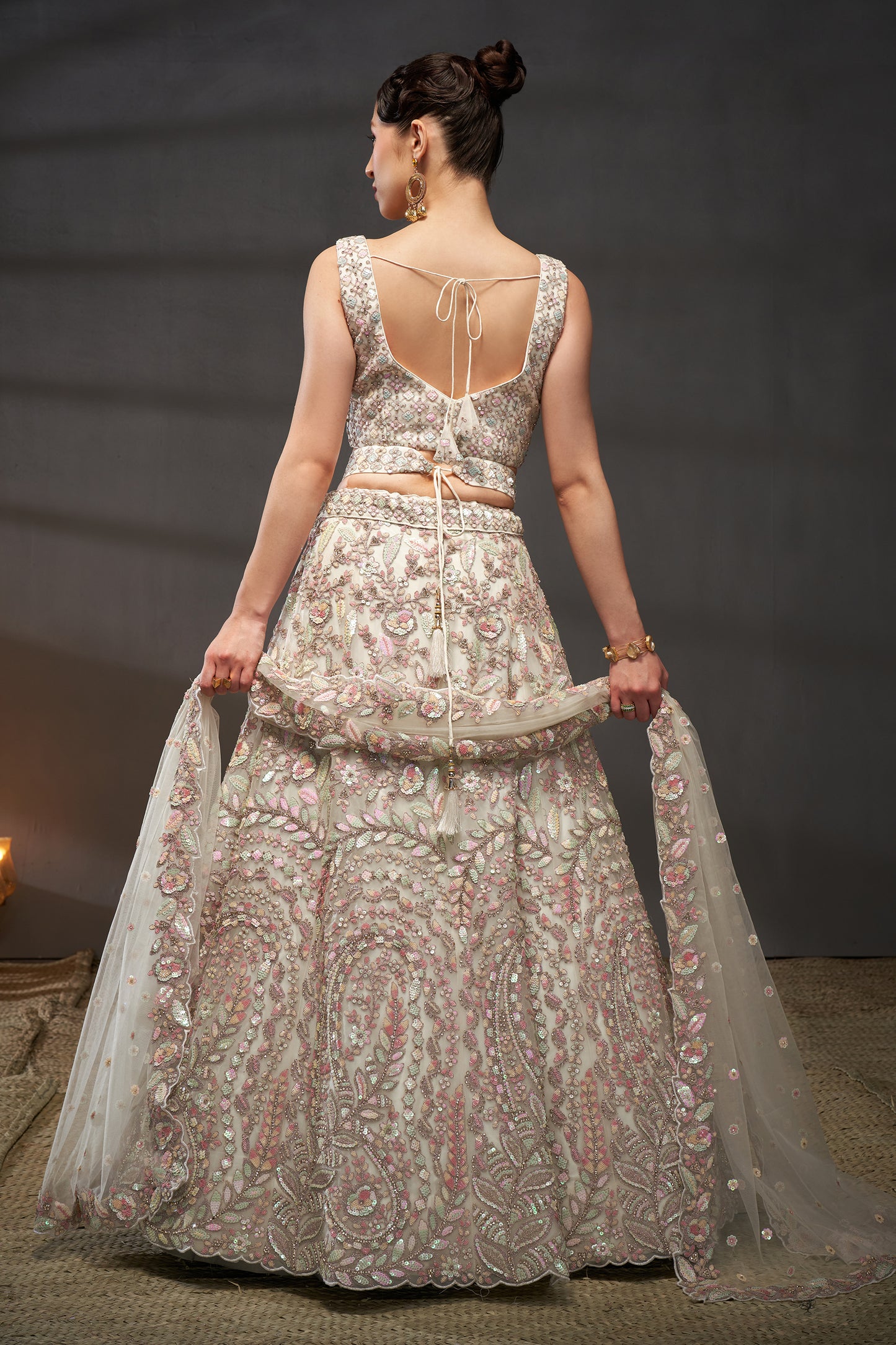 Cream Semi-Stitched Embroidered Net Lehenga