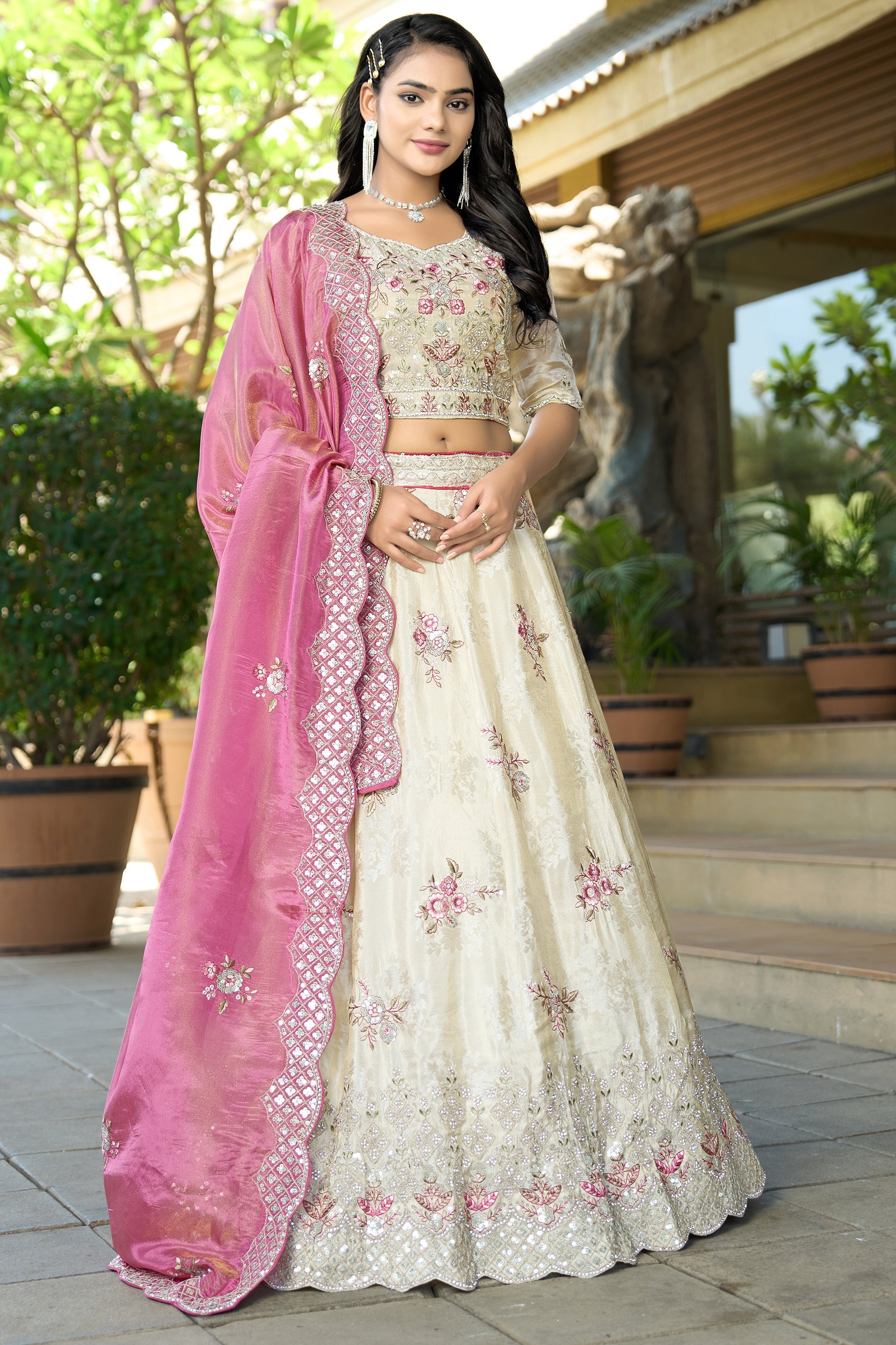 Cream Semi-Stitched Embroidered Tissue Jacquard Lehenga-SAR10724_1_SareeButa.com