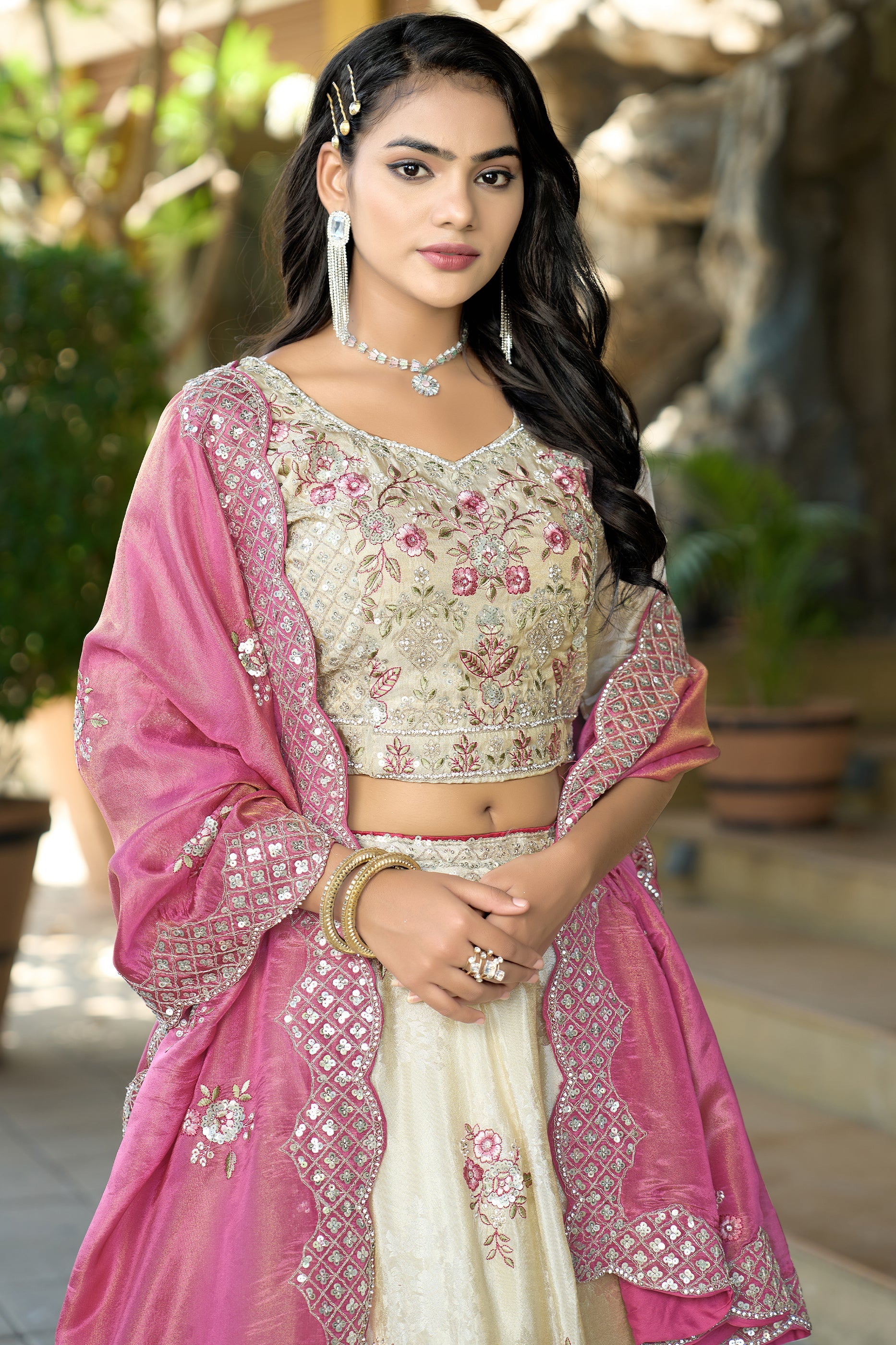 Cream Semi-Stitched Embroidered Tissue Jacquard Lehenga-SAR10724_2_SareeButa.com