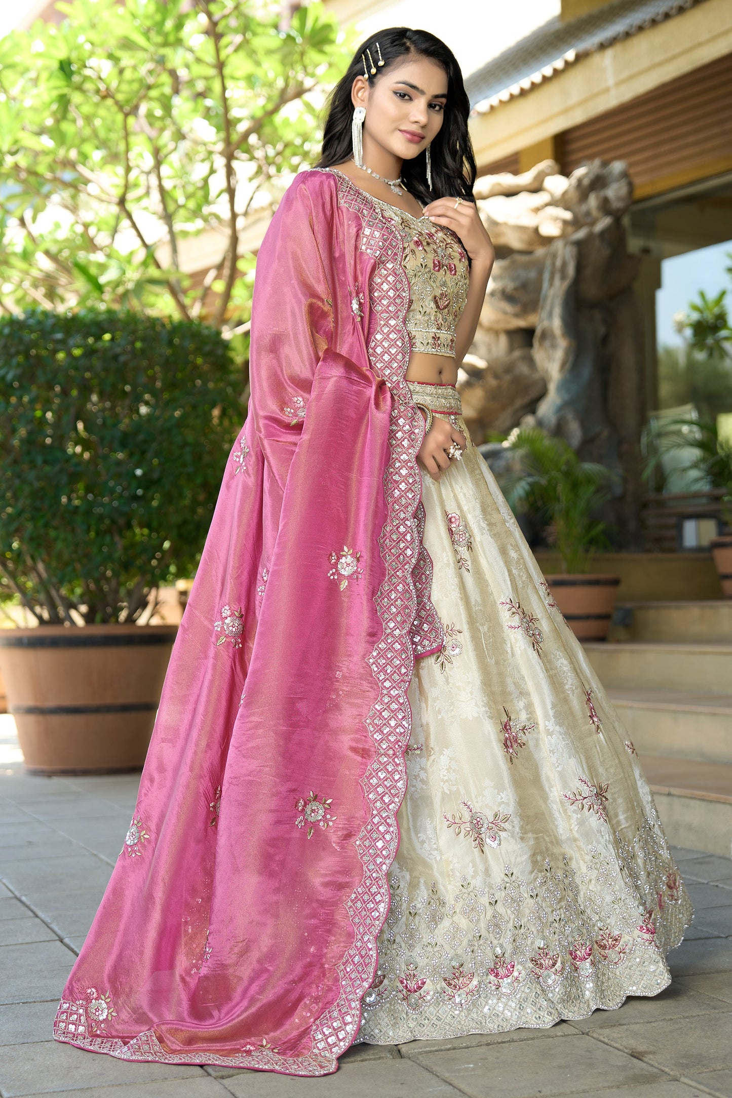 Cream Semi-Stitched Embroidered Tissue Jacquard Lehenga-SAR10724_3_SareeButa.com