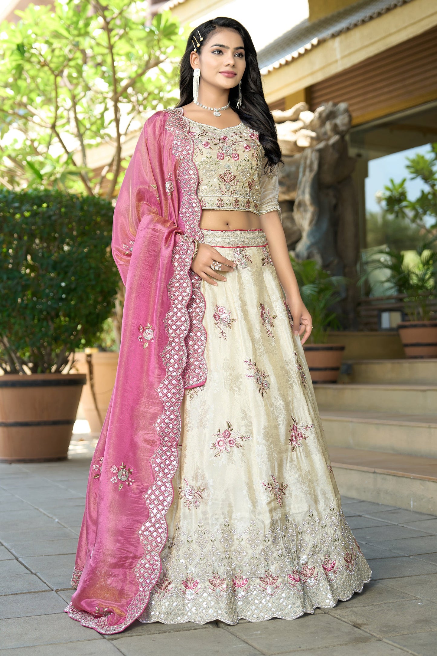 Cream Semi-Stitched Embroidered Tissue Jacquard Lehenga-SAR10724_4_SareeButa.com