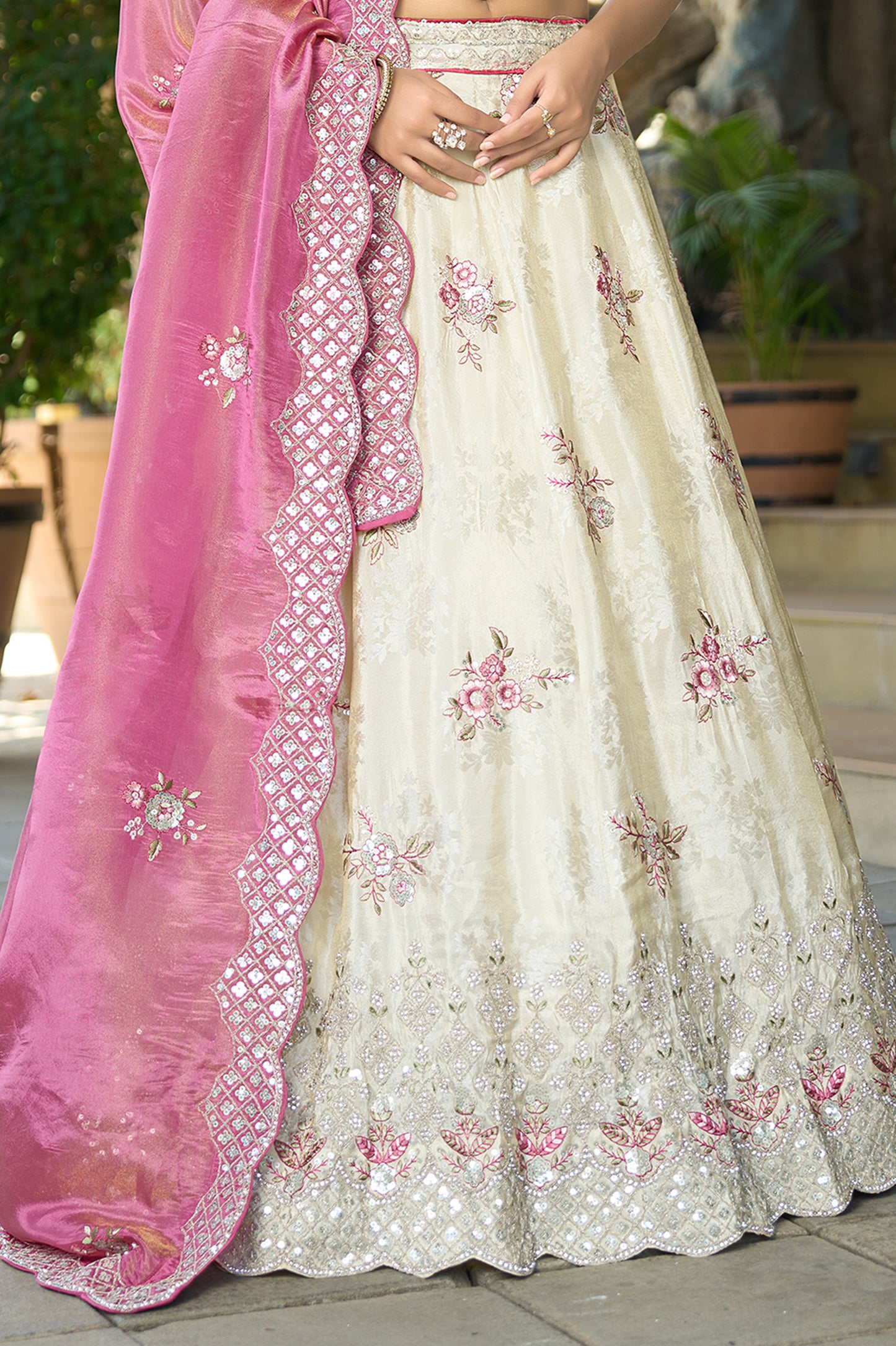 Cream Semi-Stitched Embroidered Tissue Jacquard Lehenga