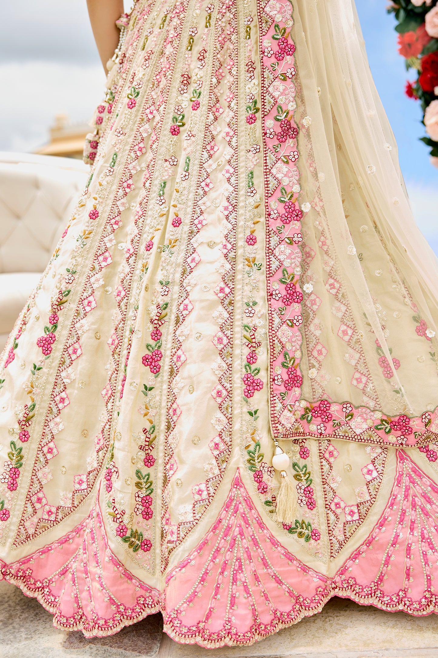 Cream Semi-Stitched Embroidered Tissue Lehenga