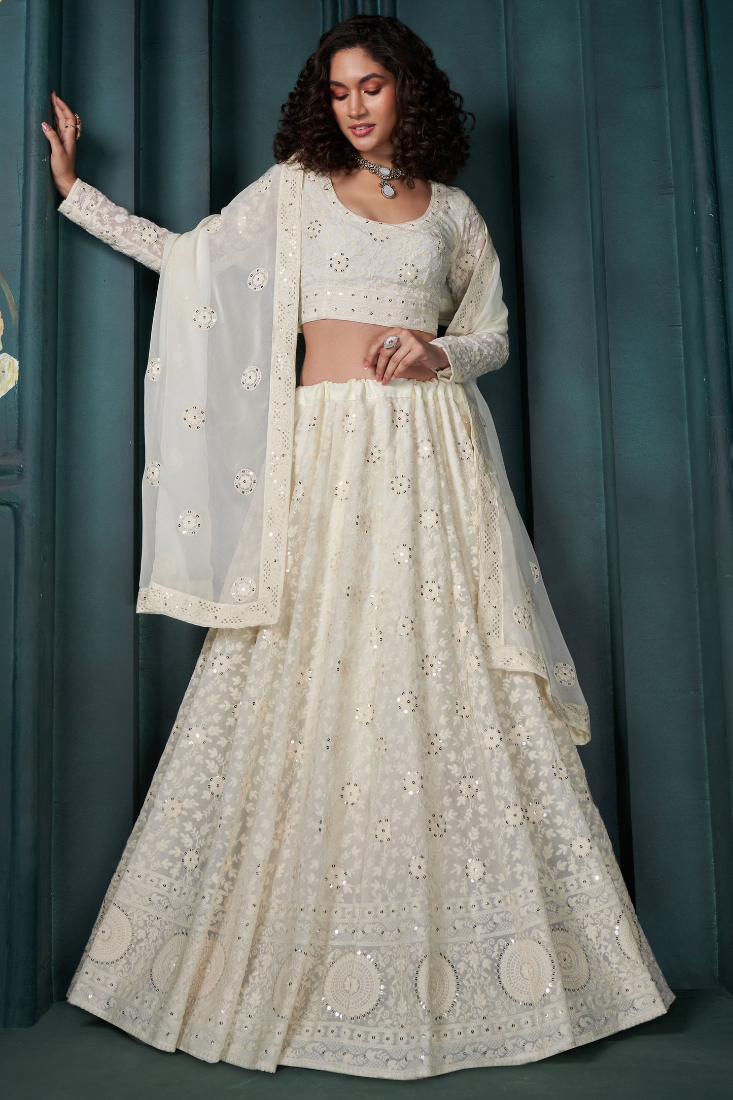 Cream Semi Stitched Embroidered Georgette Lehenga-LC9_1_SareeButa.com