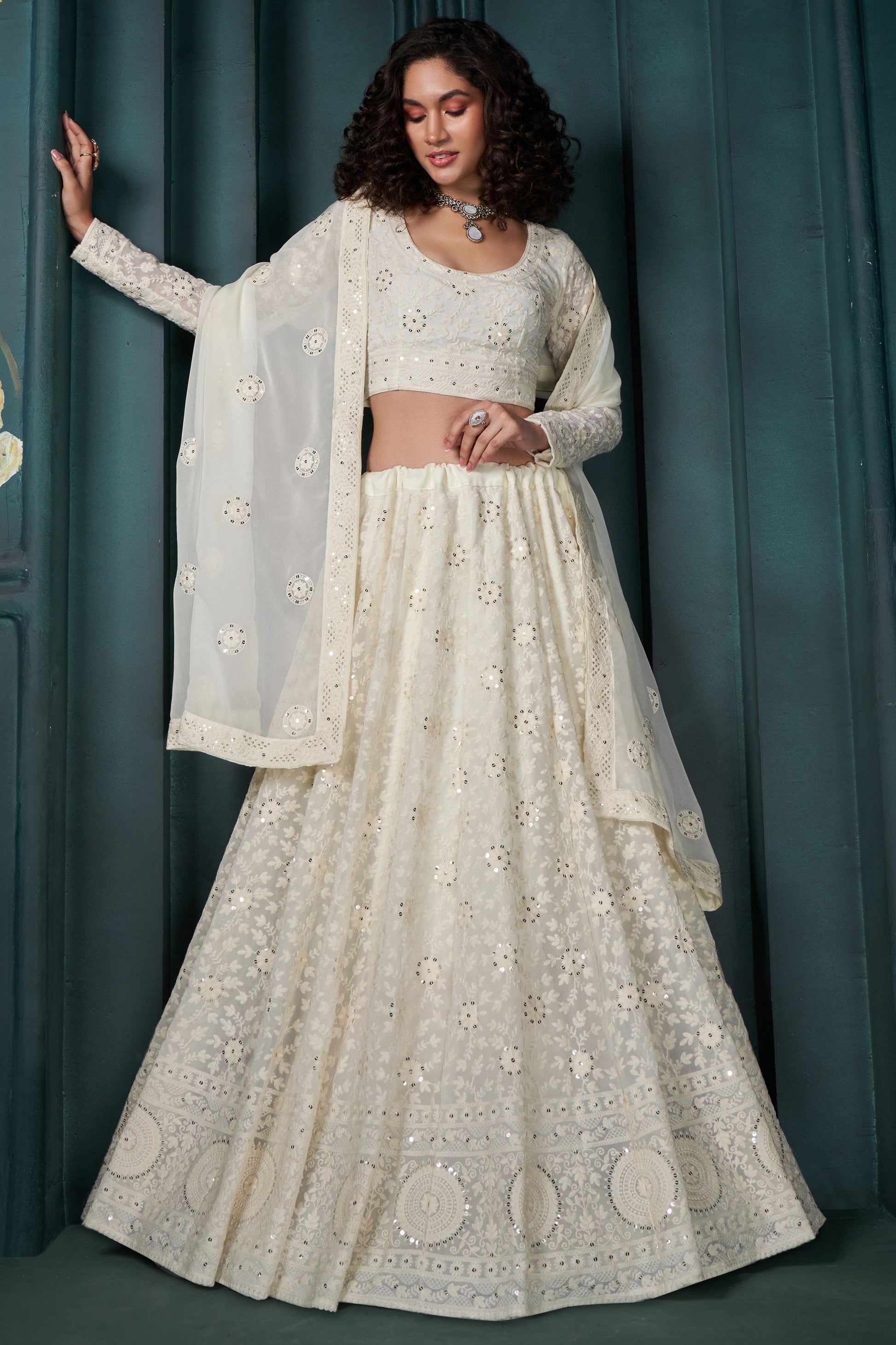 Cream Semi Stitched Embroidered Georgette Lehenga-LC9_1_SareeButa.com