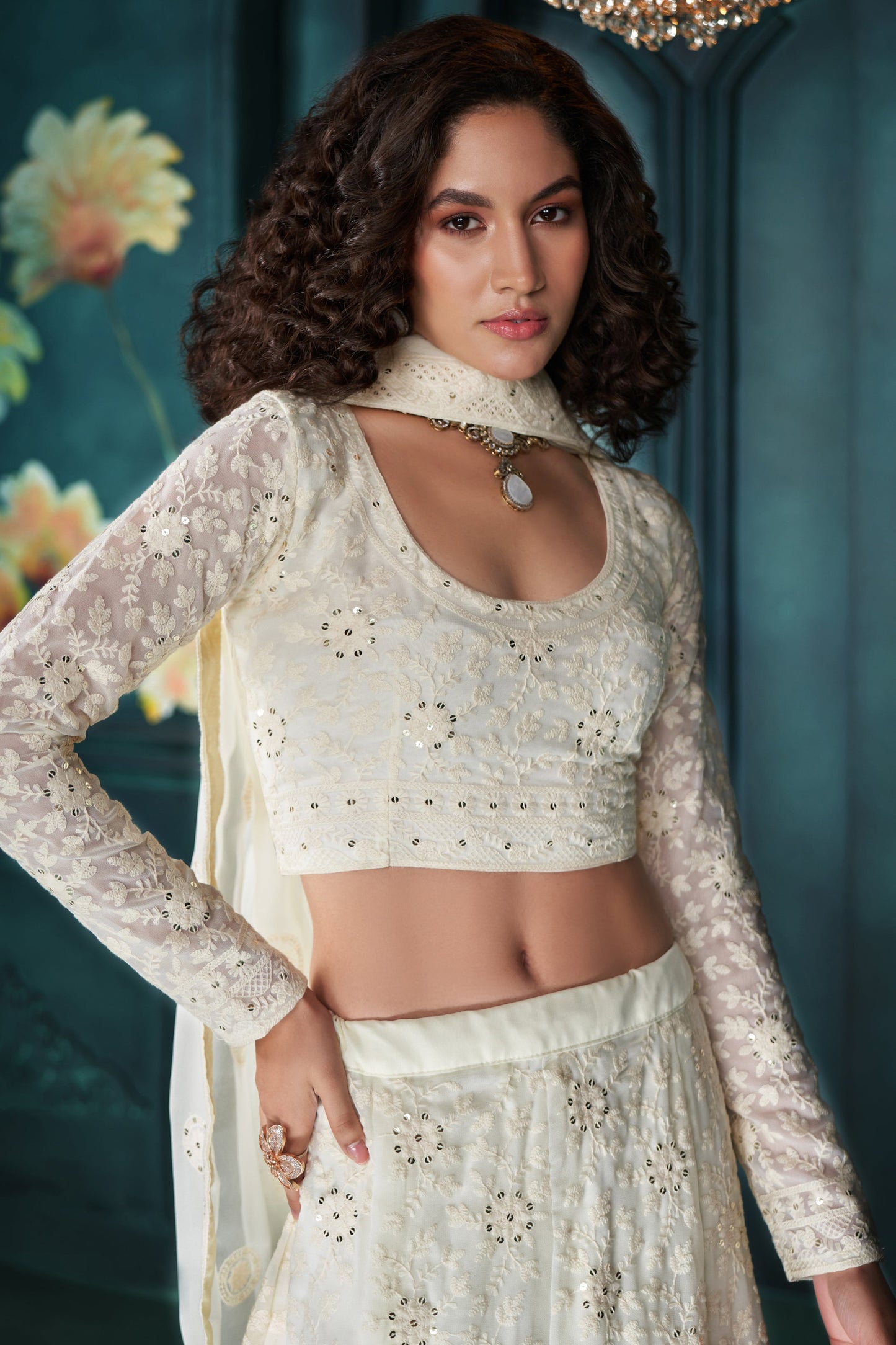 Cream Semi Stitched Embroidered Georgette Lehenga-LC9_2_SareeButa.com