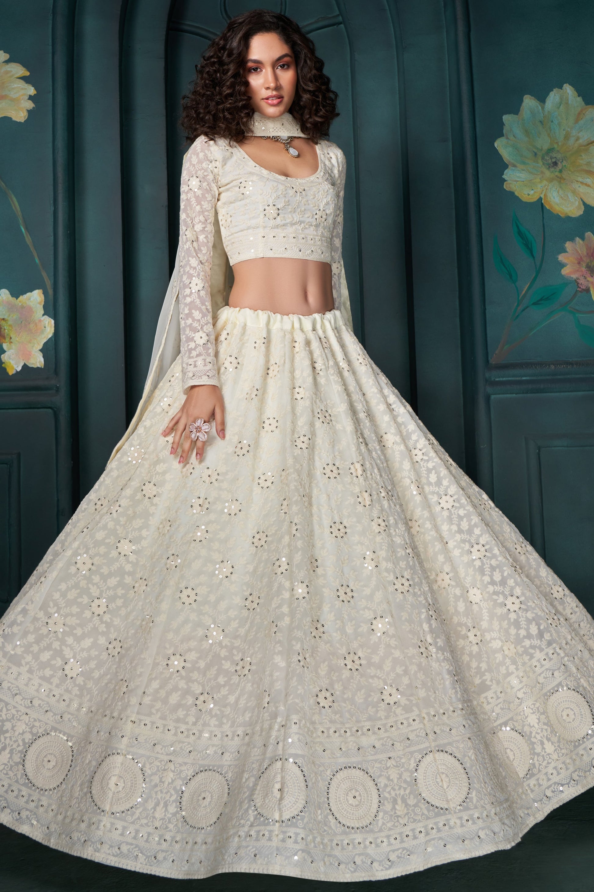 Cream Semi Stitched Embroidered Georgette Lehenga-LC9_4_SareeButa.com