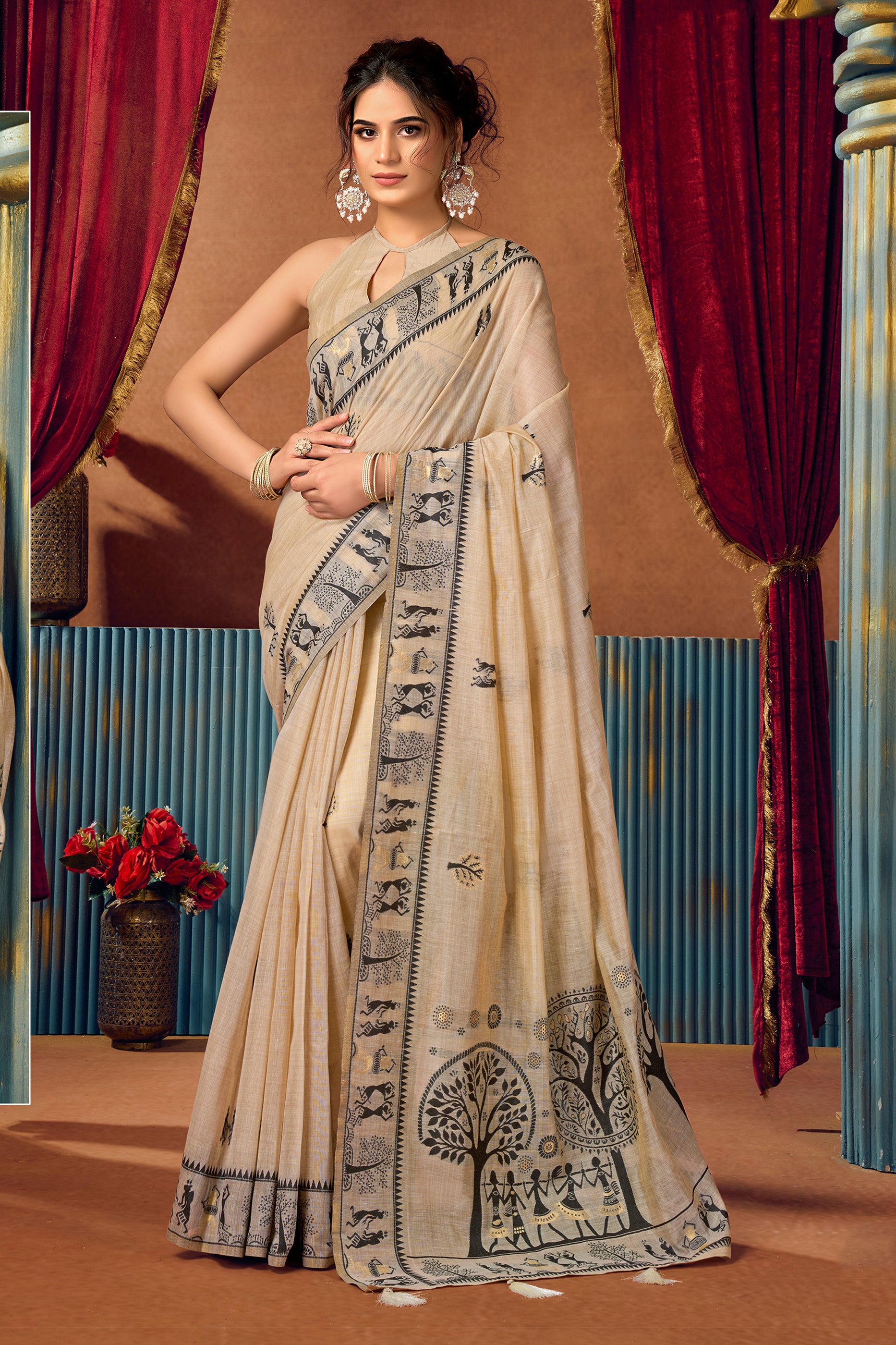 Cream Warli Print Modal Cotton Saree-SAR12686_1_SareeButa.com