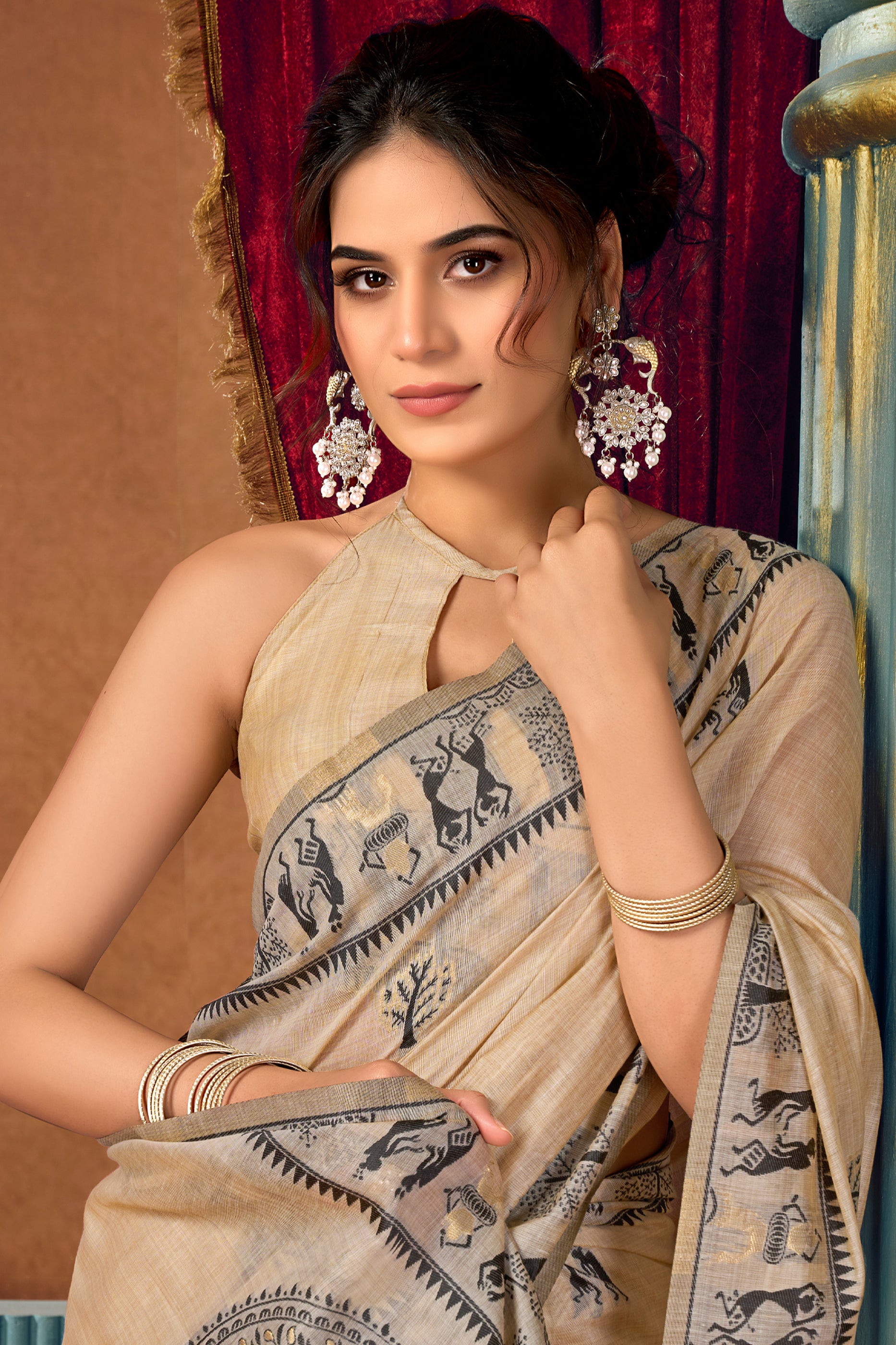 Cream Warli Print Modal Cotton Saree-SAR12686_2_SareeButa.com