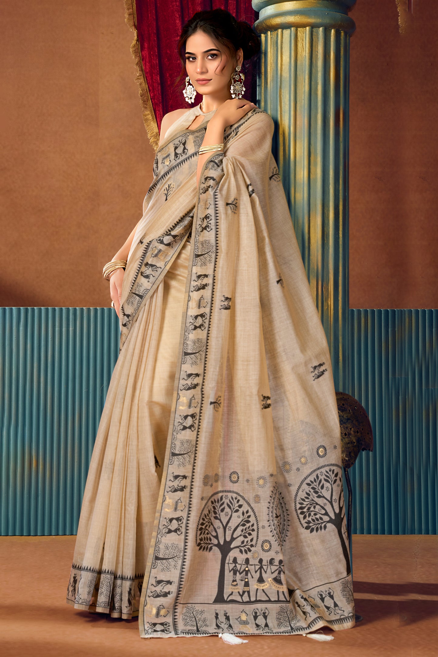 Cream Warli Print Modal Cotton Saree-SAR12686_3_SareeButa.com