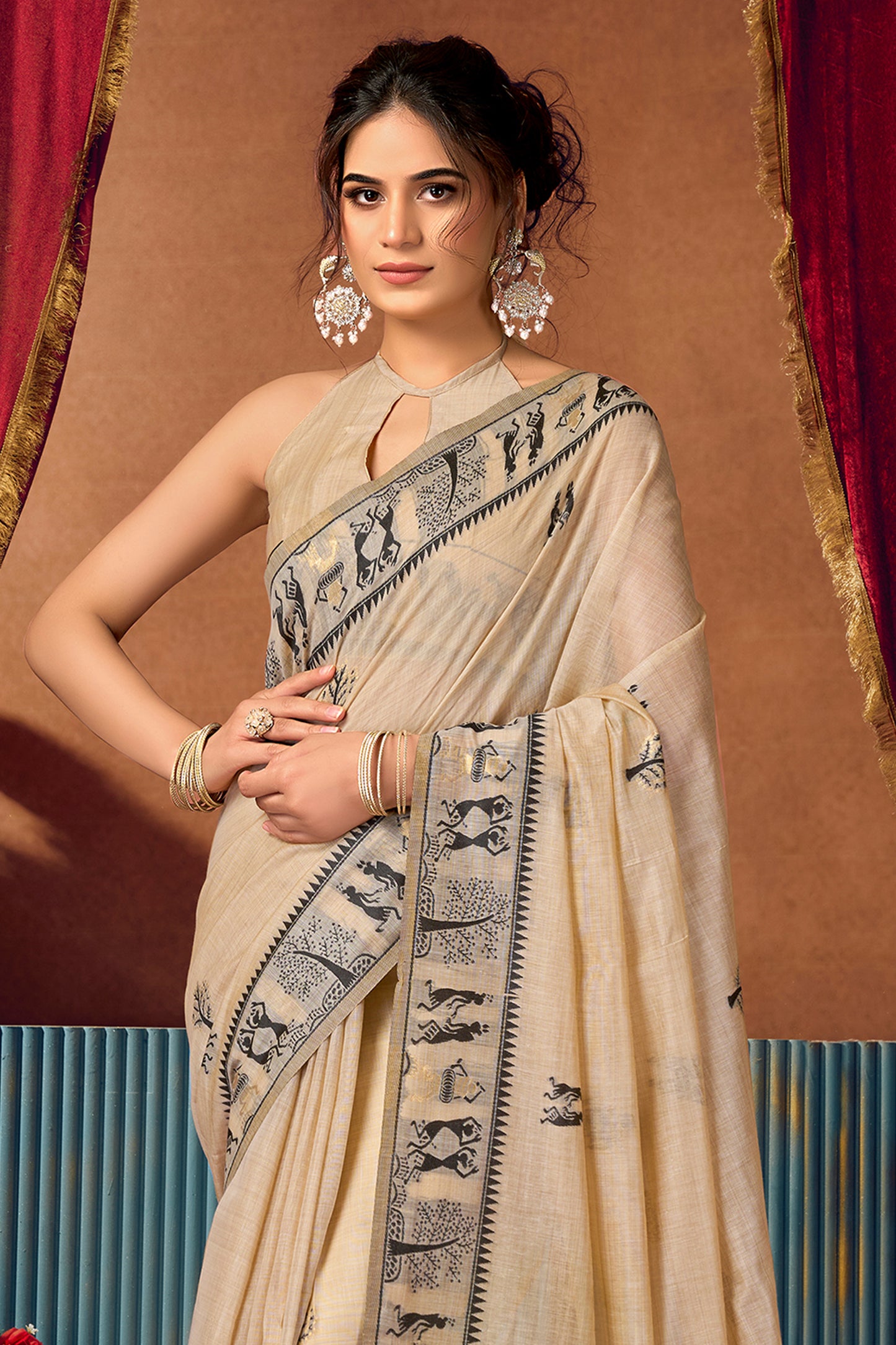 Cream Warli Print Modal Cotton Saree-SAR12686_5_SareeButa.com