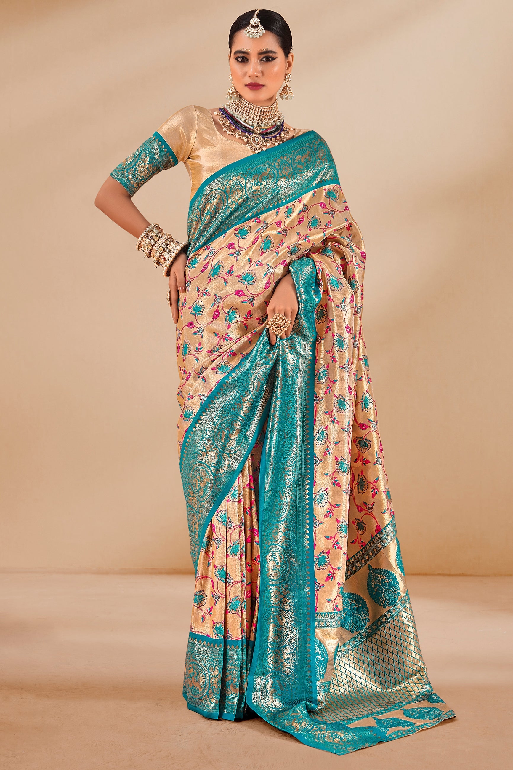 Cream Woven Dharmavaram Tissue Silk Saree-ZB133805_1_SareeButa.com