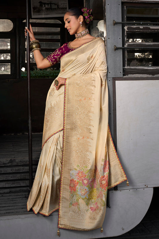 Cream Woven Viscose Silk Saree With Lace Border-ZB134665_1_SareeButa.com