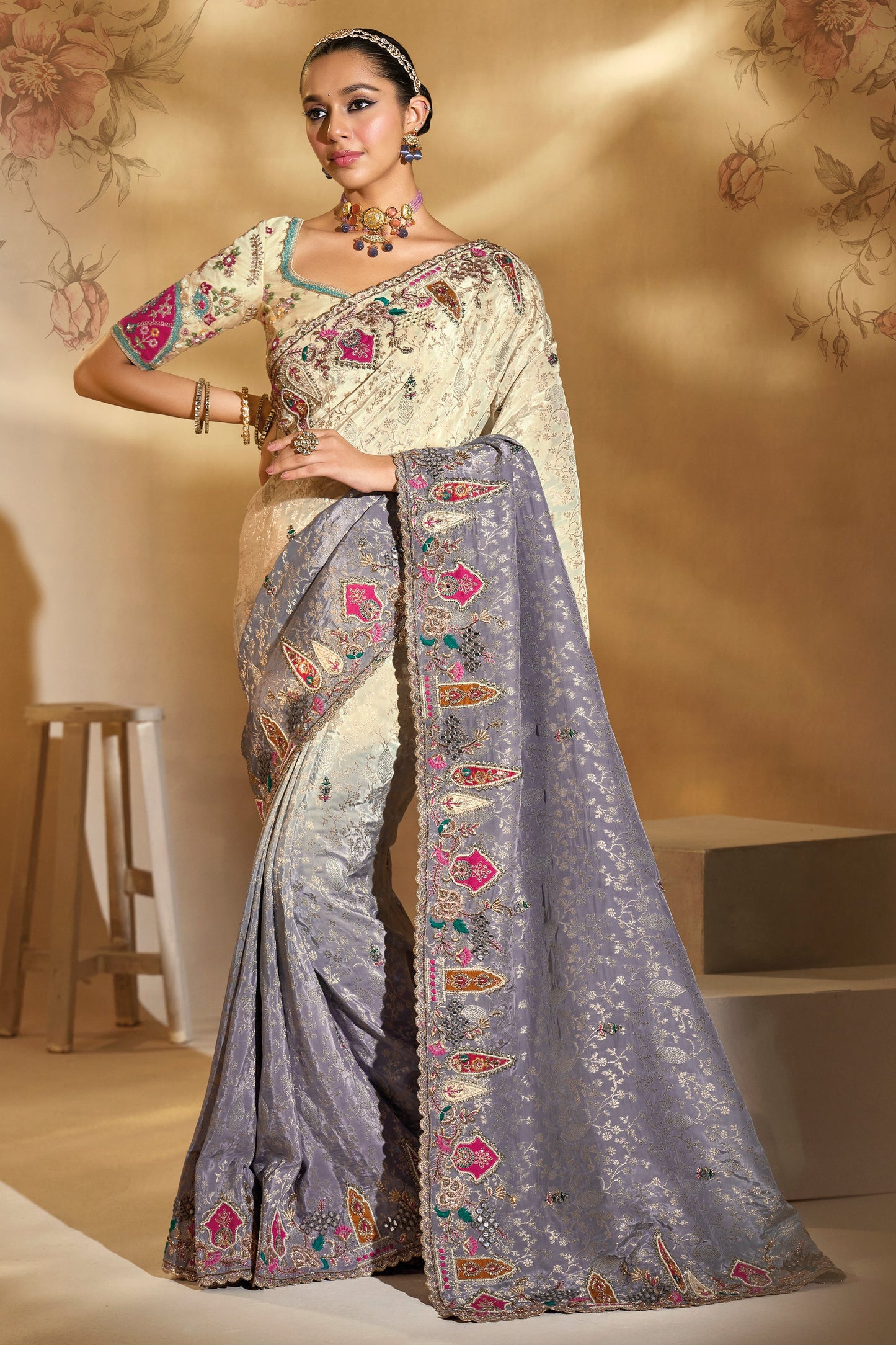 Cream and Grey Embroidered Crepe Silk Saree-SAR10616_1_SareeButa.com