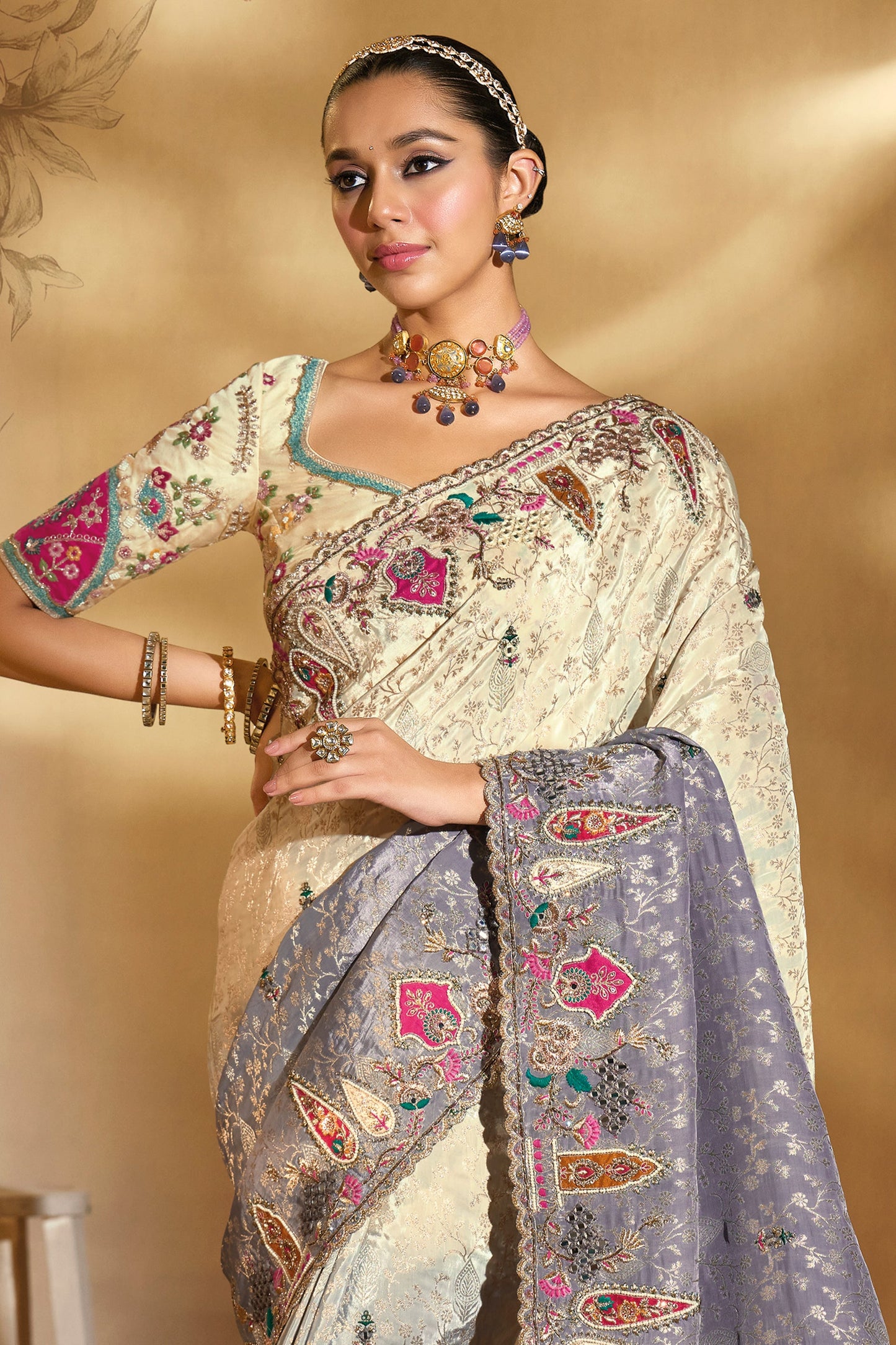 Cream and Grey Embroidered Crepe Silk Saree-SAR10616_3_SareeButa.com