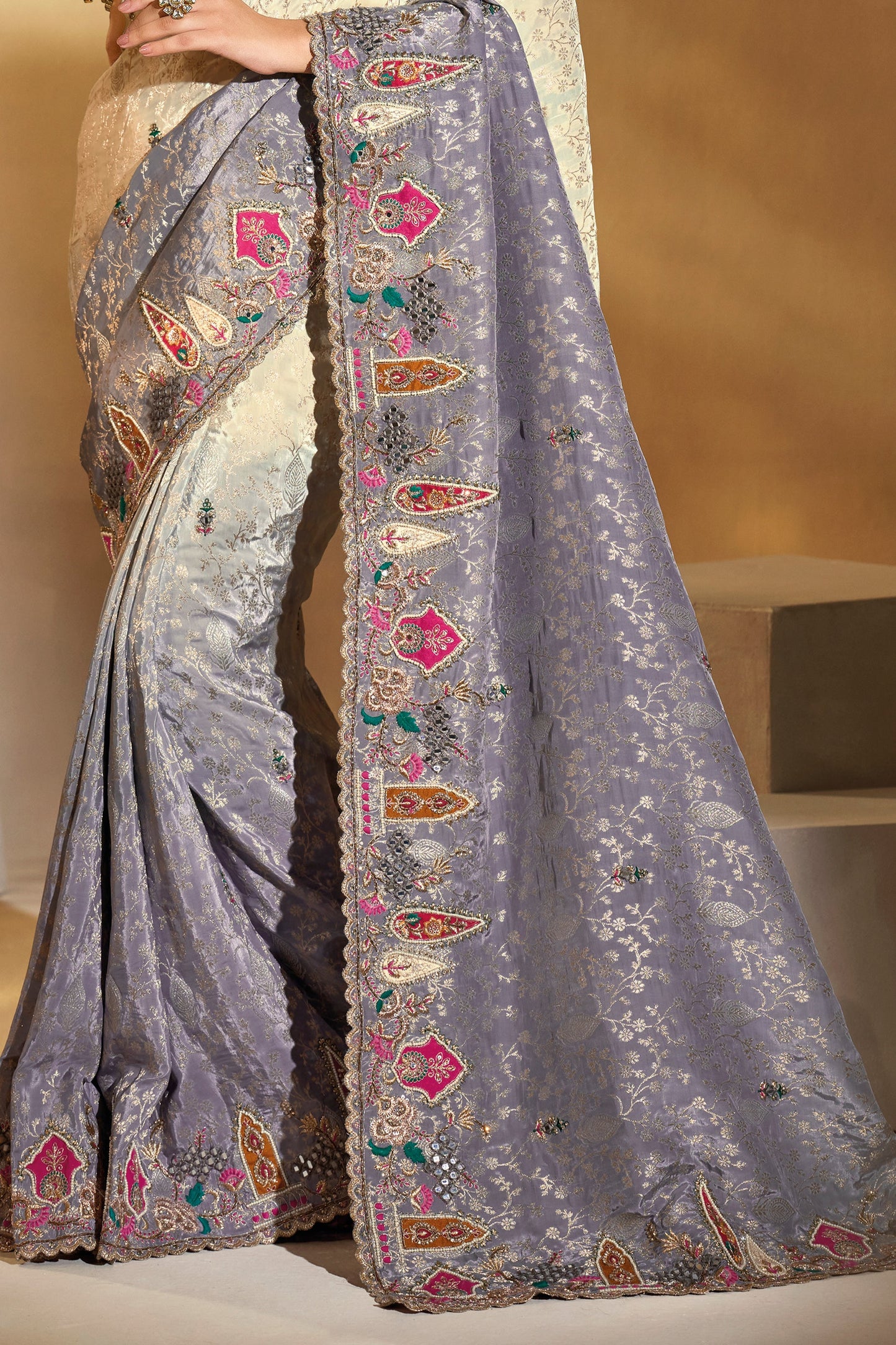 Cream and Grey Embroidered Crepe Silk Saree-SAR10616_4_SareeButa.com