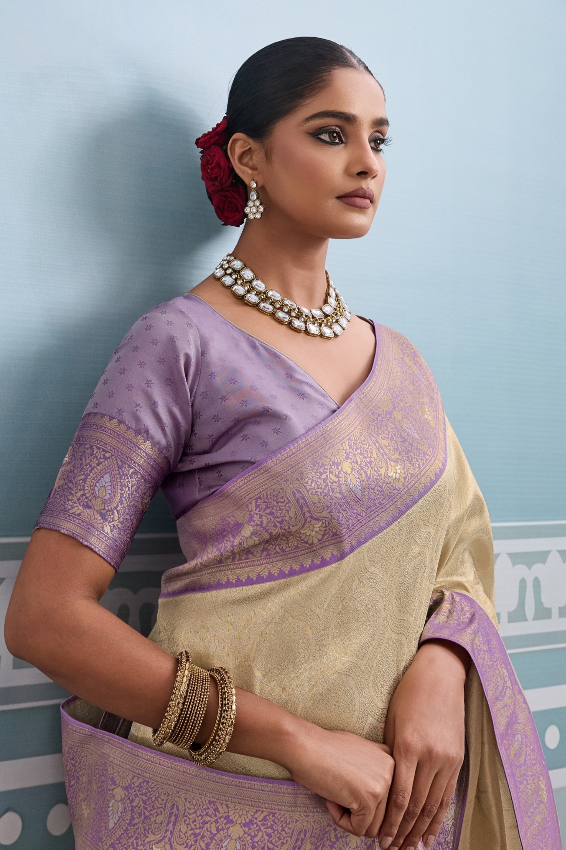 Cream and Lavender Woven Kanjivaram Silk Saree-SAR10379_2_SareeButa.com