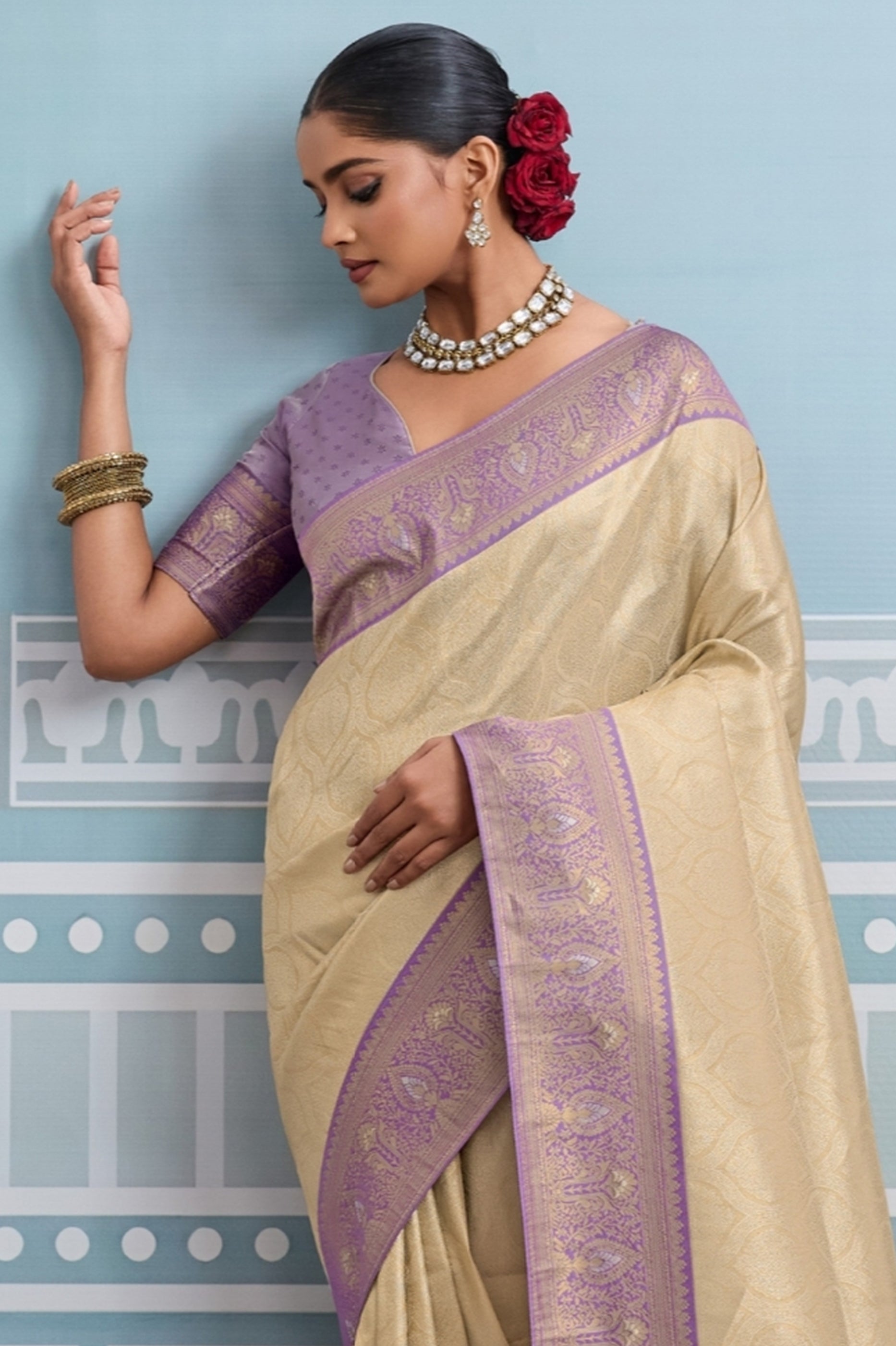 Cream and Lavender Woven Kanjivaram Silk Saree-SAR10379_5_SareeButa.com