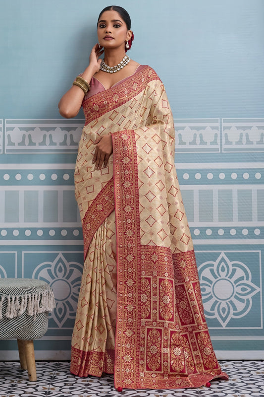Cream and Red Woven Kanjivaram Silk Saree-SAR10375_1_SareeButa.com