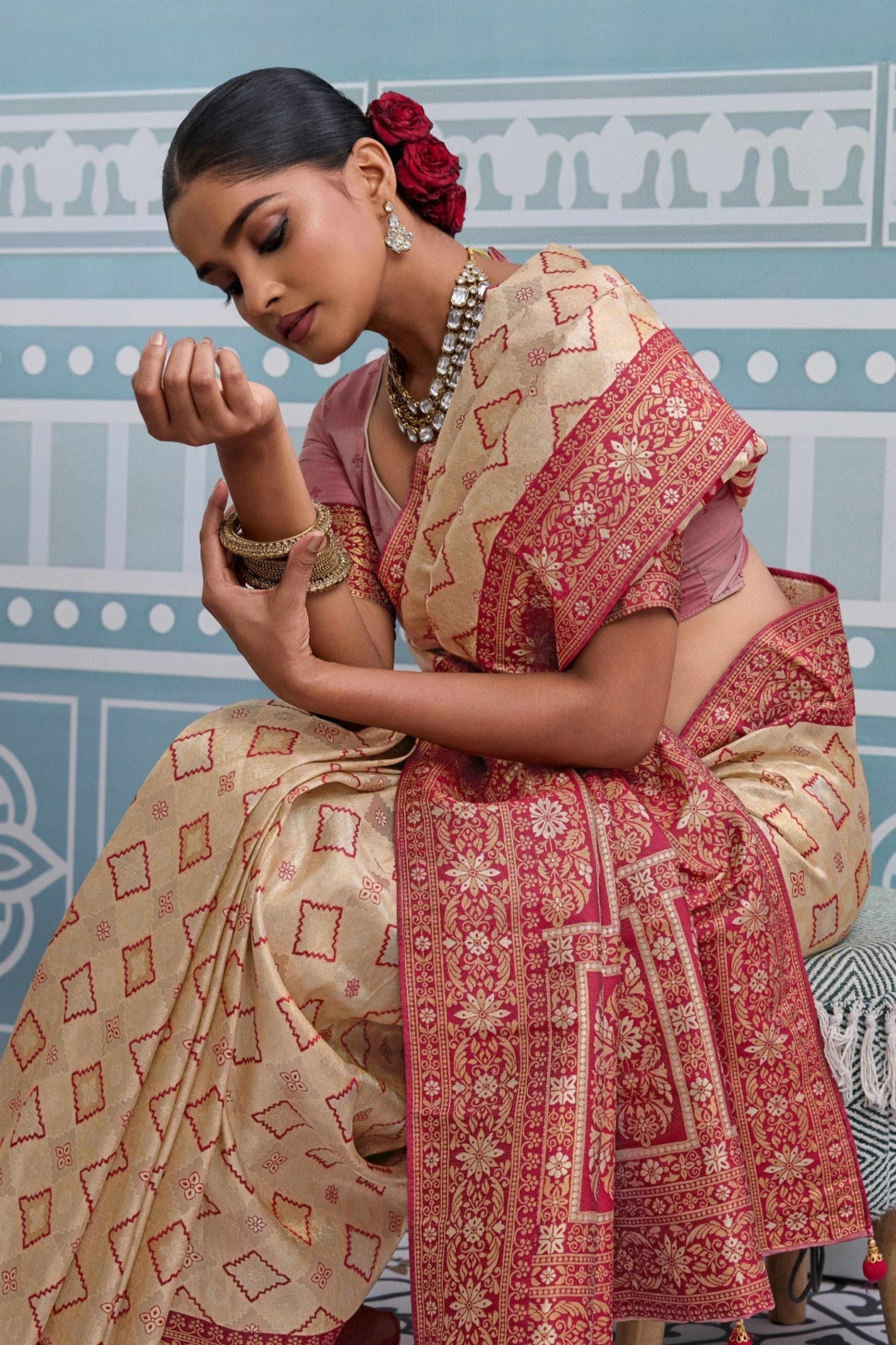Cream and Red Woven Kanjivaram Silk Saree-SAR10375_2_SareeButa.com