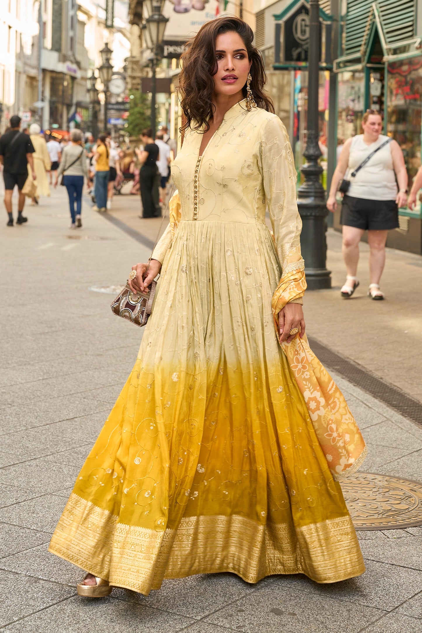 Cream and Yellow Readymade Simar Silk Gown With Dupatta-SAR11048_4_SareeButa.com