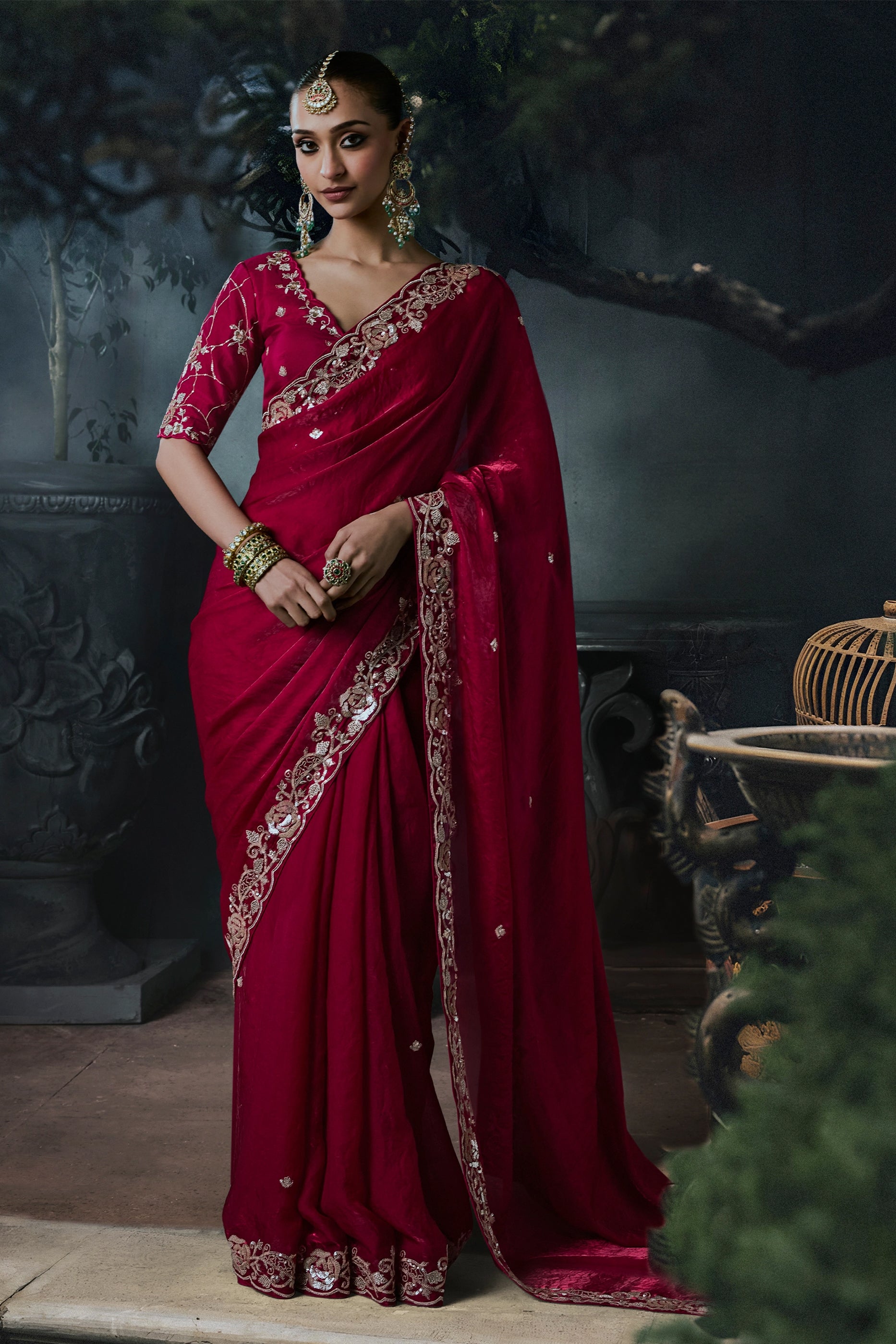Crimson Red Embroidered Tissue Organza Saree-SAR13101_1_SareeButa.com