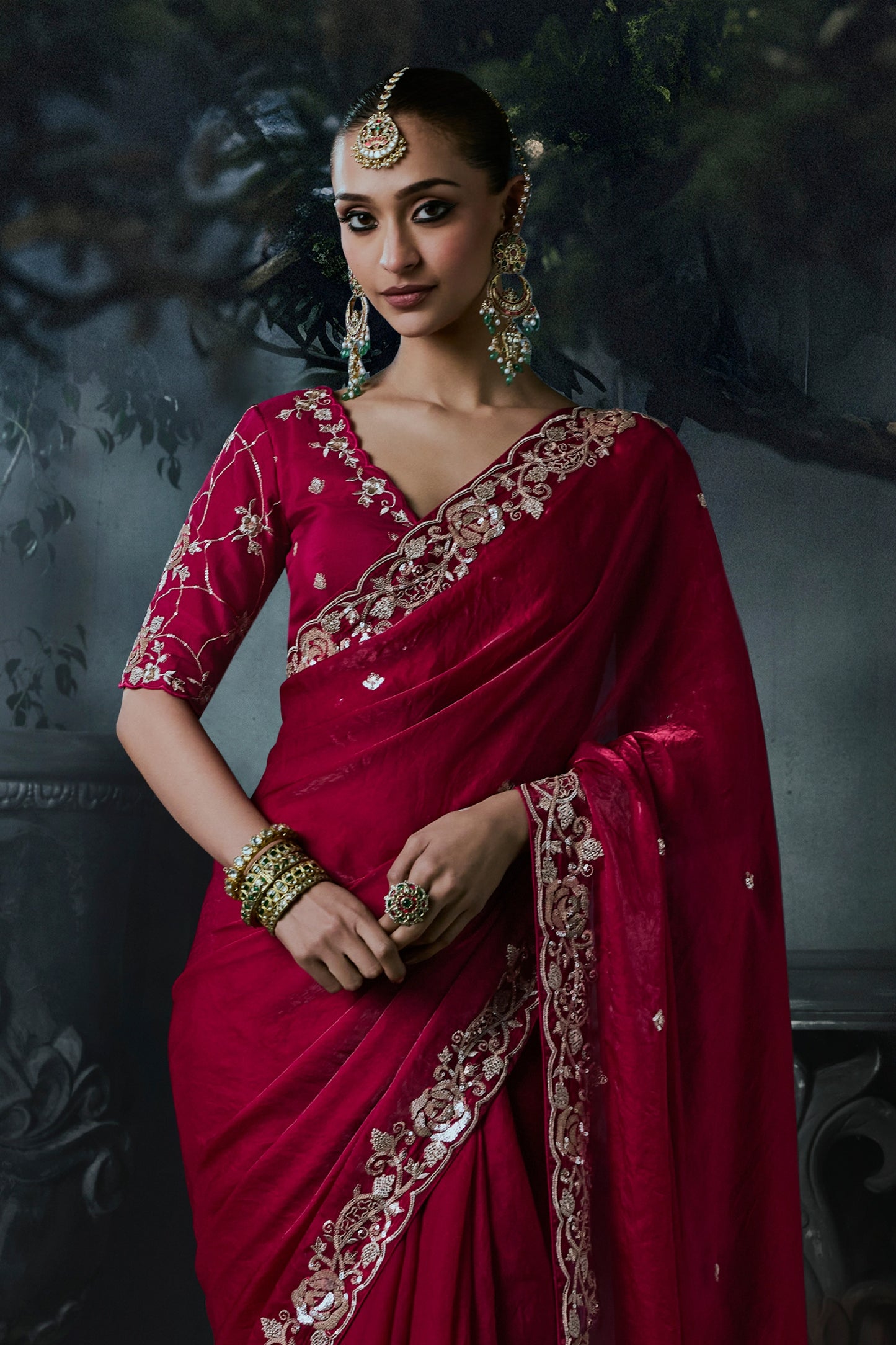 Crimson Red Embroidered Tissue Organza Saree-SAR13101_6_SareeButa.com