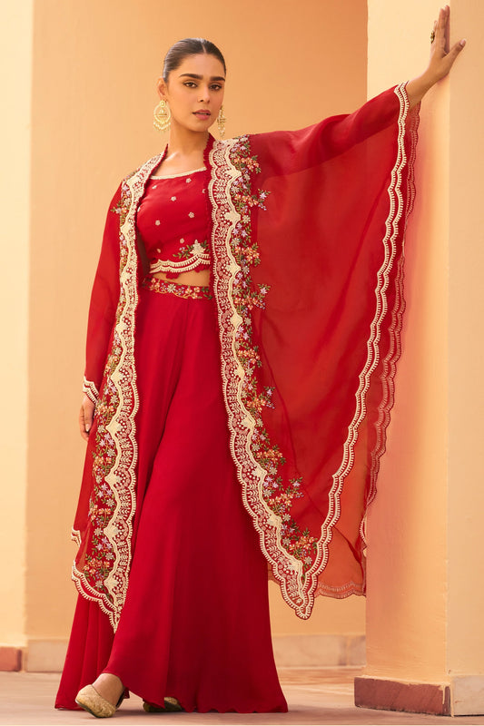 Crimson Red Readymade Chinon Palazzo Set-SAR10945_1_SareeButa.com